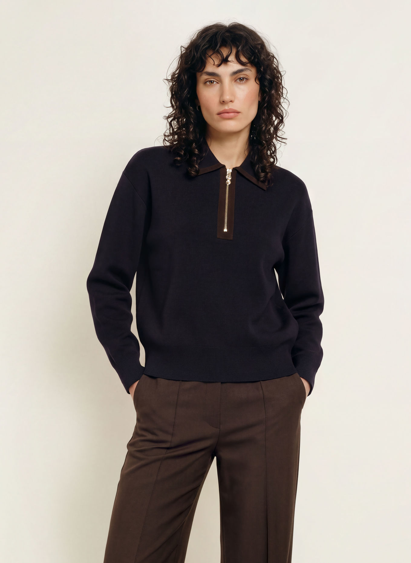 SANDRO Pullover: DUNKELBLAU / DUNKELBRAUN