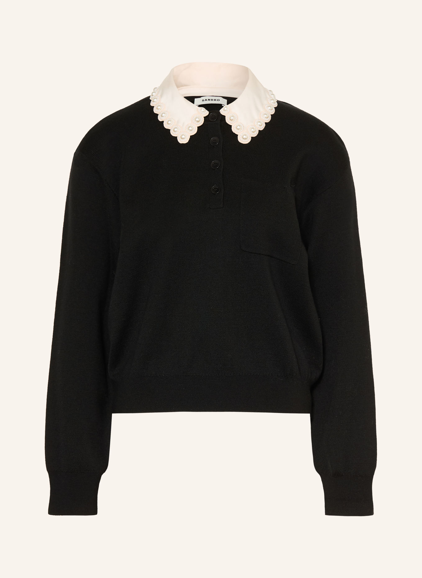 SANDRO Pullover mit abnehmbarem Kragen und Schmuckperlen: SCHWARZ / CREME