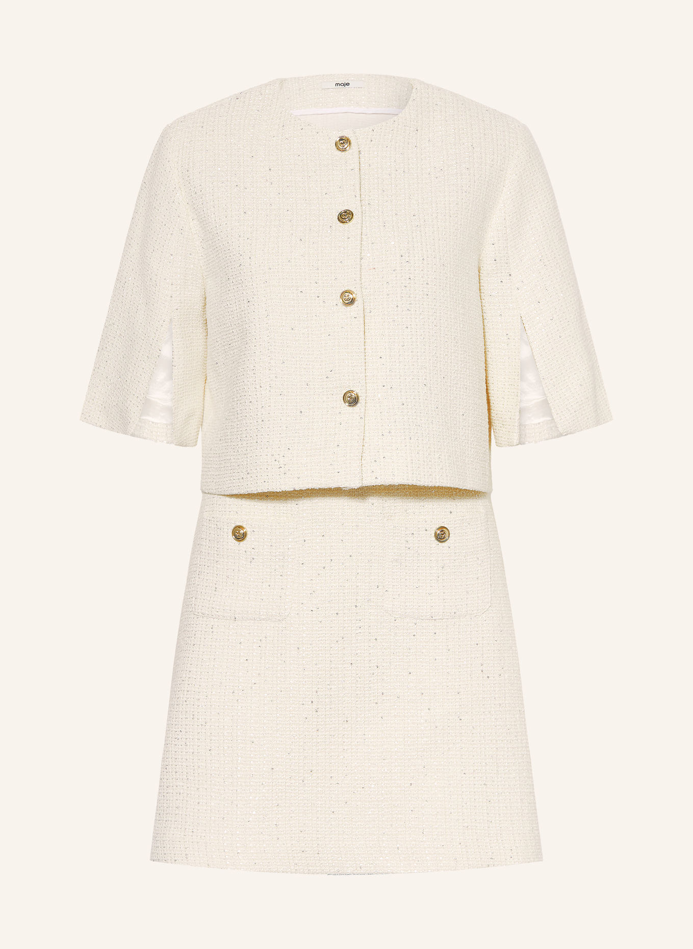 maje Set: Bouclé-Kleid und Jacke mit Pailletten: CREME