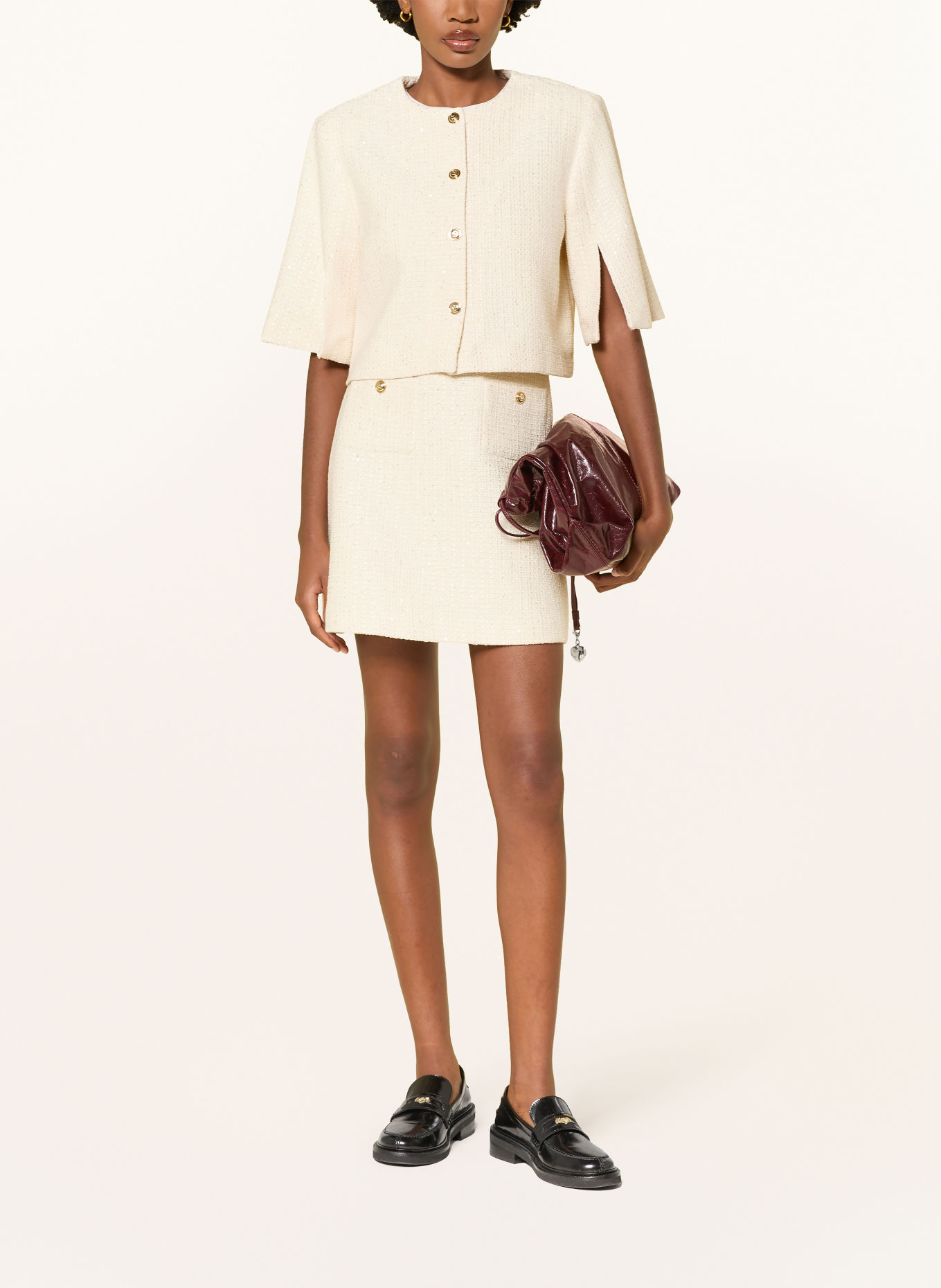 maje Set: Bouclé-Kleid und Jacke mit Pailletten: CREME