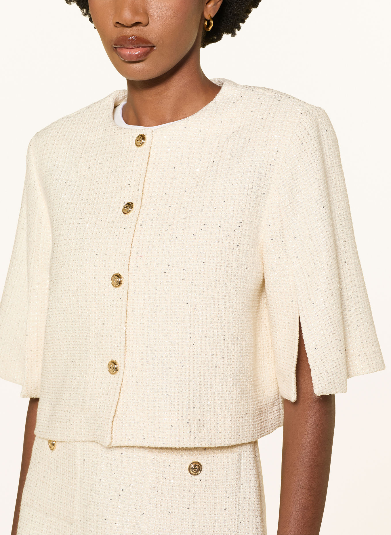 maje Set: Bouclé-Kleid und Jacke mit Pailletten: CREME