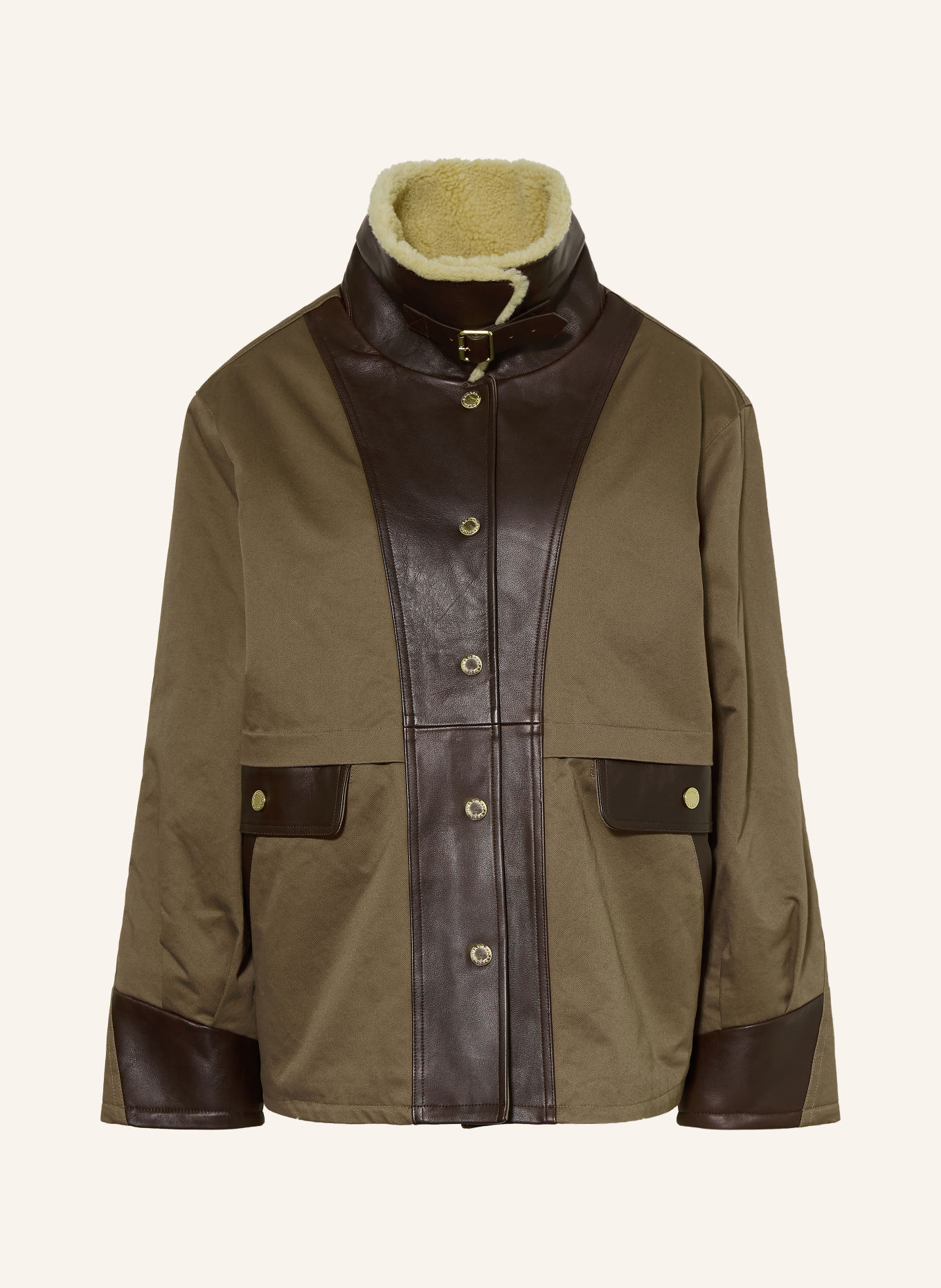 SANDRO Jacke mit Kunstfell-Kragen: OLIV / DUNKELBRAUN / CREME