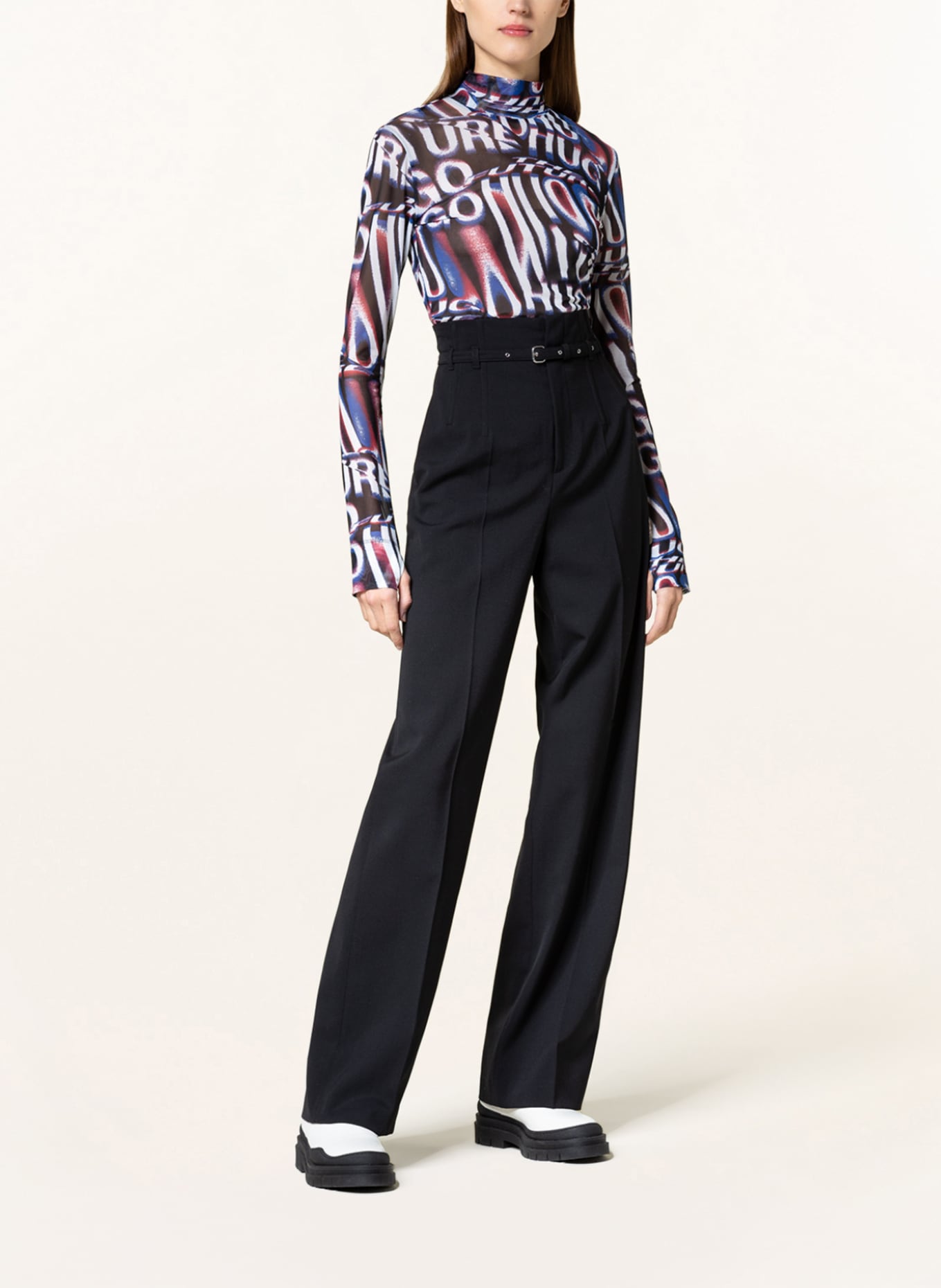 HUGO Longsleeve DILIONA aus Mesh: SCHWARZ / WEISS / DUNKELROT