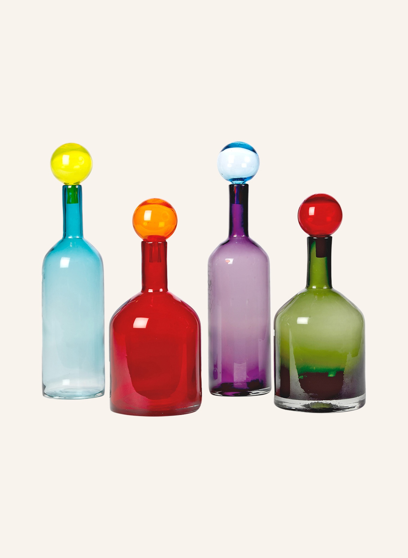 POLSPOTTEN 4-tlg. Karaffenset BUBBLES & BOTTLES: ROT / GRÜN / BLAU