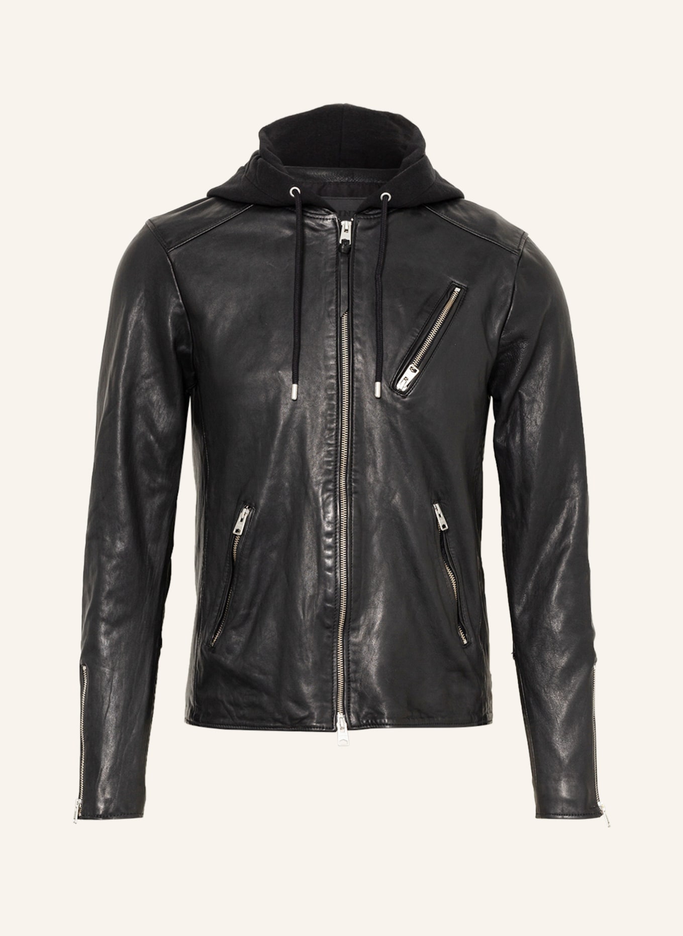 ALLSAINTS Leather jacket HARWOOD with detachable hood, Color: BLACK (Image 1)
