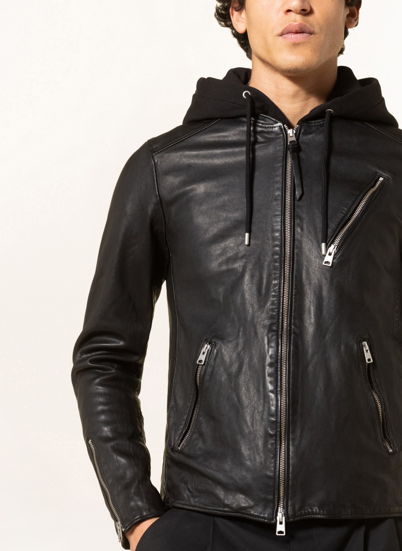 ALLSAINTS Leather jacket HARWOOD with detachable hood, Color: BLACK (Image 5)