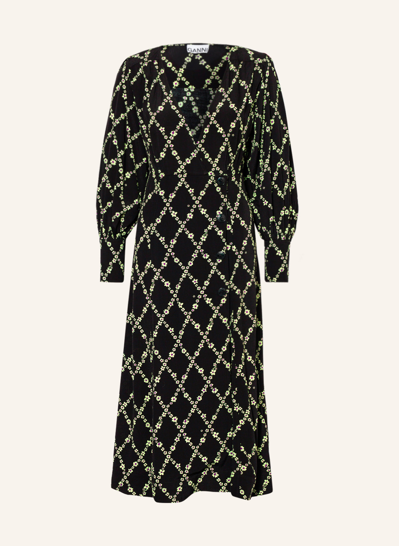 GANNI Wrap dress , Color: BLACK/ LIGHT GREEN/ PURPLE (Image 1)