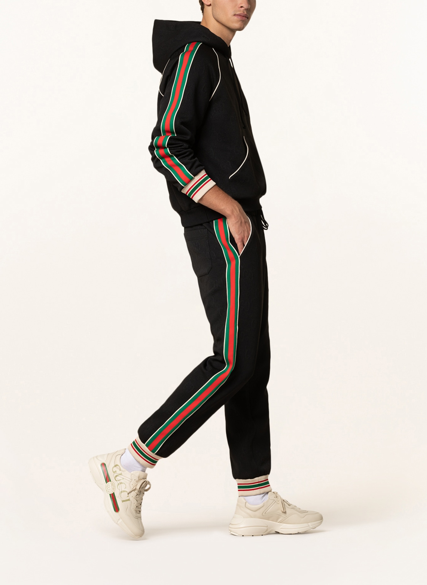 GUCCI Jacquard trousers GG in jogger style with tuxedo stripes, Color: BLACK/ GREEN/ RED (Image 4)