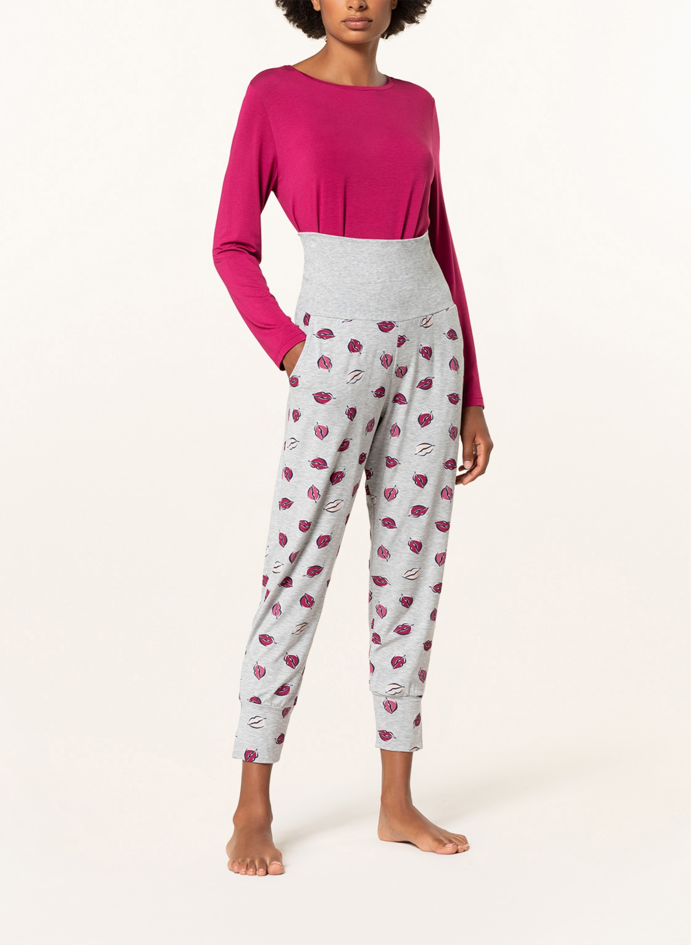 mey 7/8-Schlafhose Serie SLEEP&EASY: HELLGRAU / GRAU / DUNKELROT