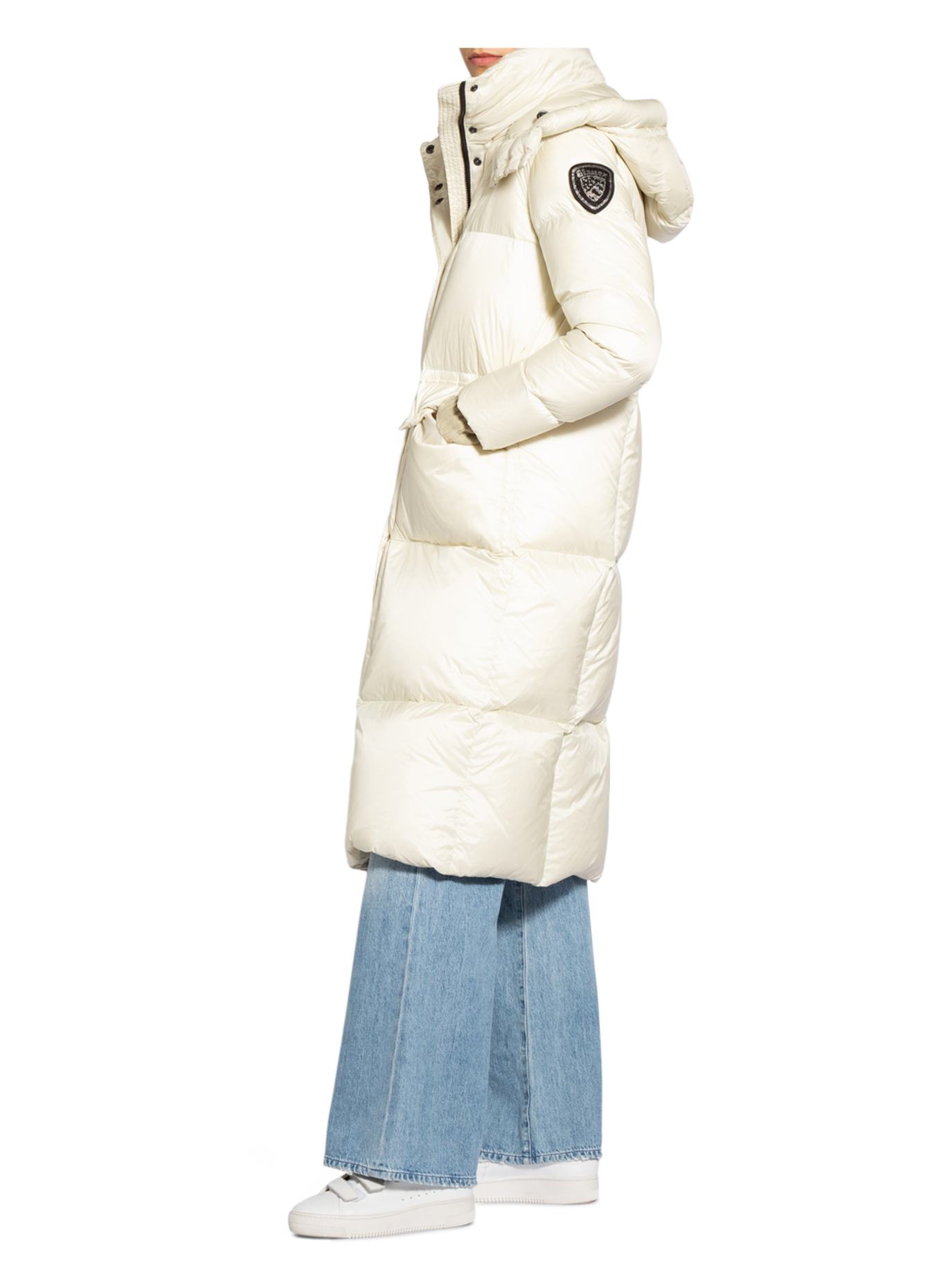 Blauer Daunenmantel mit Schmucksteinbesatz: ECRU