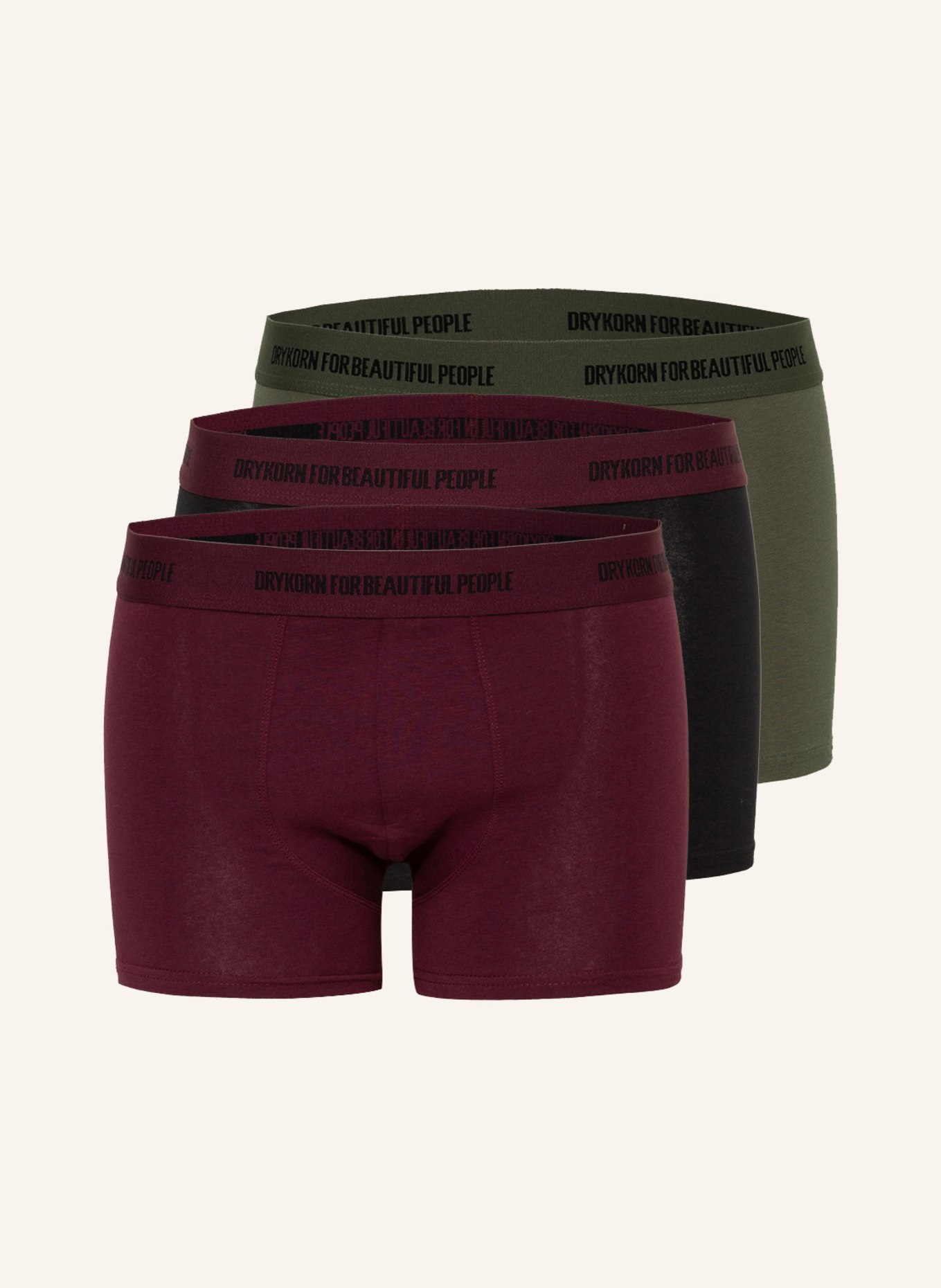 DRYKORN 3-pack boxer shorts CORBIN, Color: OLIVE/ DARK RED/ BLACK (Image 1)
