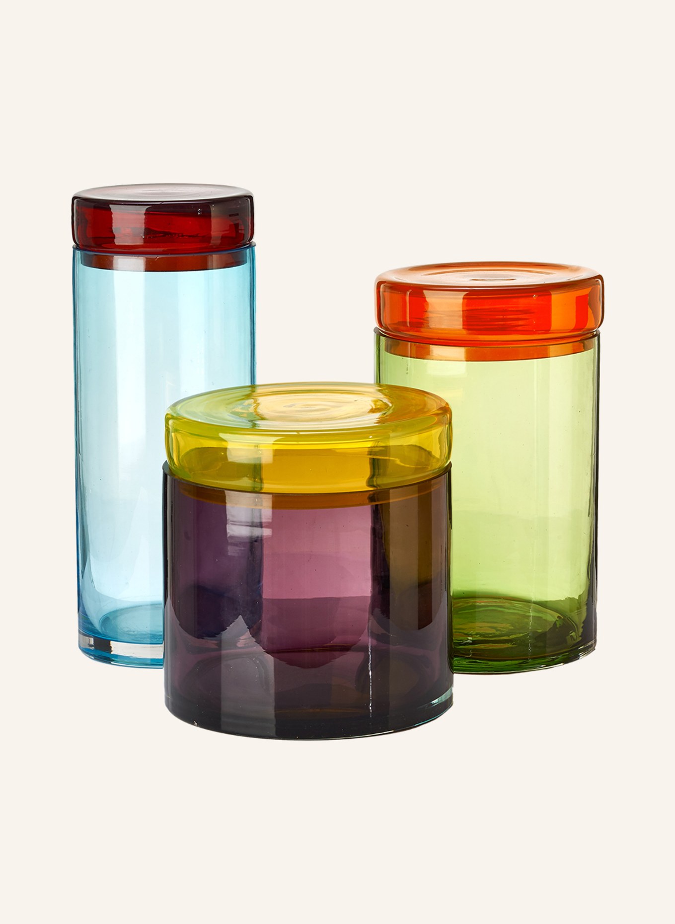 POLSPOTTEN Set of 3 storage jars CAPS&JARS, Color: LIGHT BLUE/ LIGHT GREEN/ PURPLE (Image 1)
