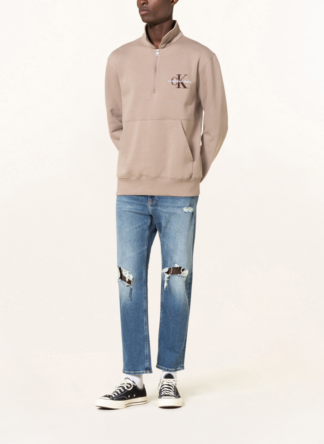 Calvin Klein Jeans Half-zip sweater in sweatshirt fabric, Color: TAUPE (Image 2)