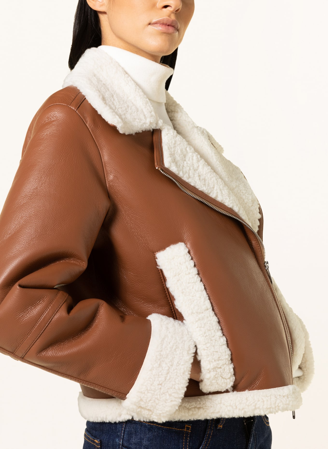 HUGO Biker jacket ALENATI in leather look with faux fur , Color: BROWN (Image 4)