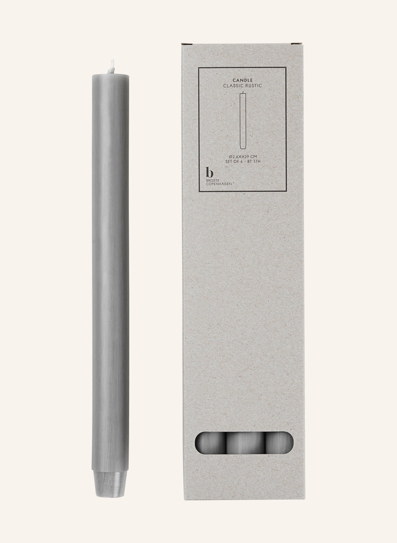 BROSTE COPENHAGEN Sada 6 vysokých svíček CLASSIC RUSTIC: ŠEDÁ