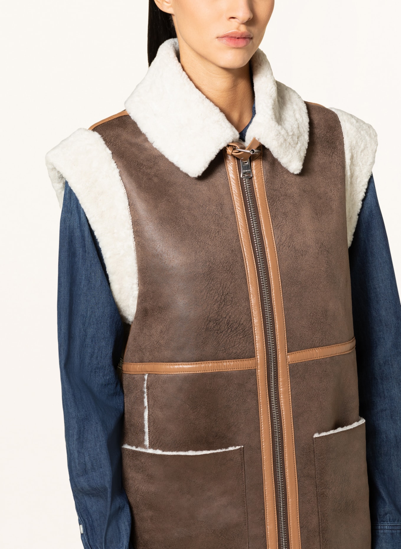 OAKWOOD Vest COULISSE in a leather look with faux fur, Color: BROWN (Image 4)