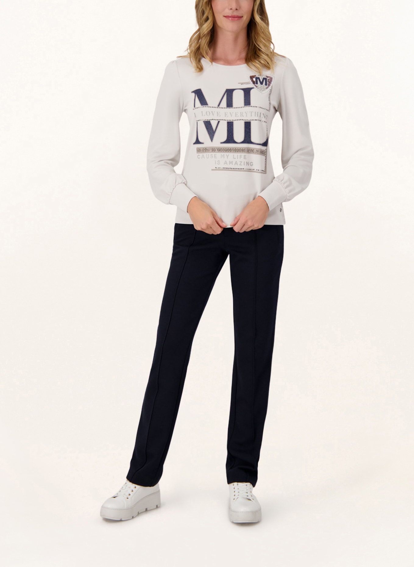 monari Longsleeve mit Pailletten und Schmucksteinen: CREME