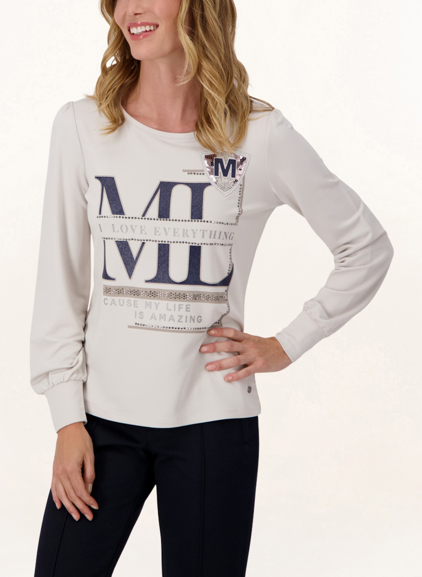monari Longsleeve mit Pailletten und Schmucksteinen: CREME