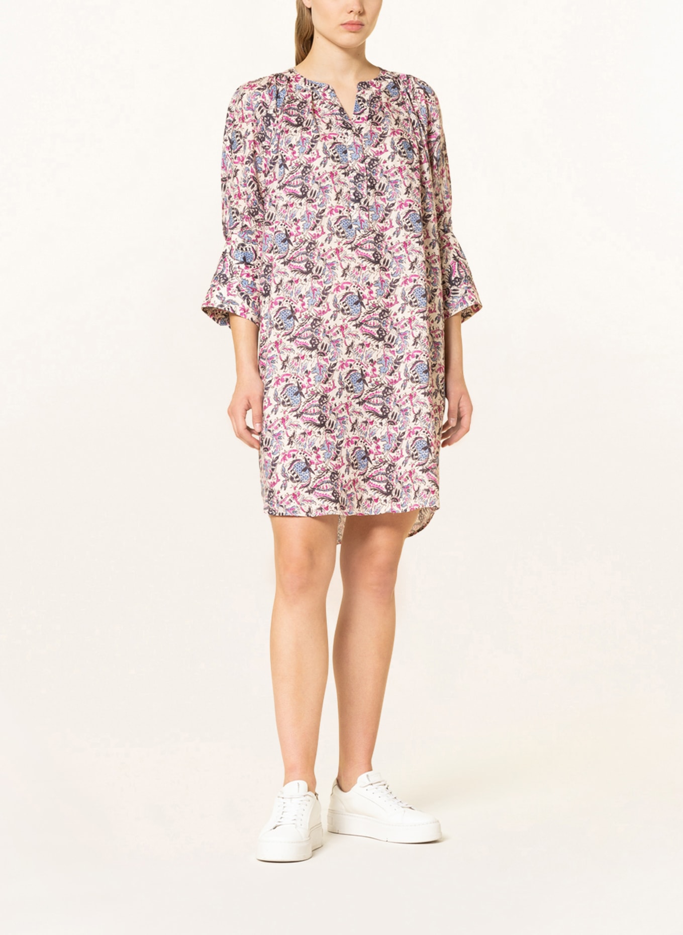 REPEAT Linen dress with 3/4 sleeves, Color: CREAM/ PINK/ DARK BLUE (Image 2)