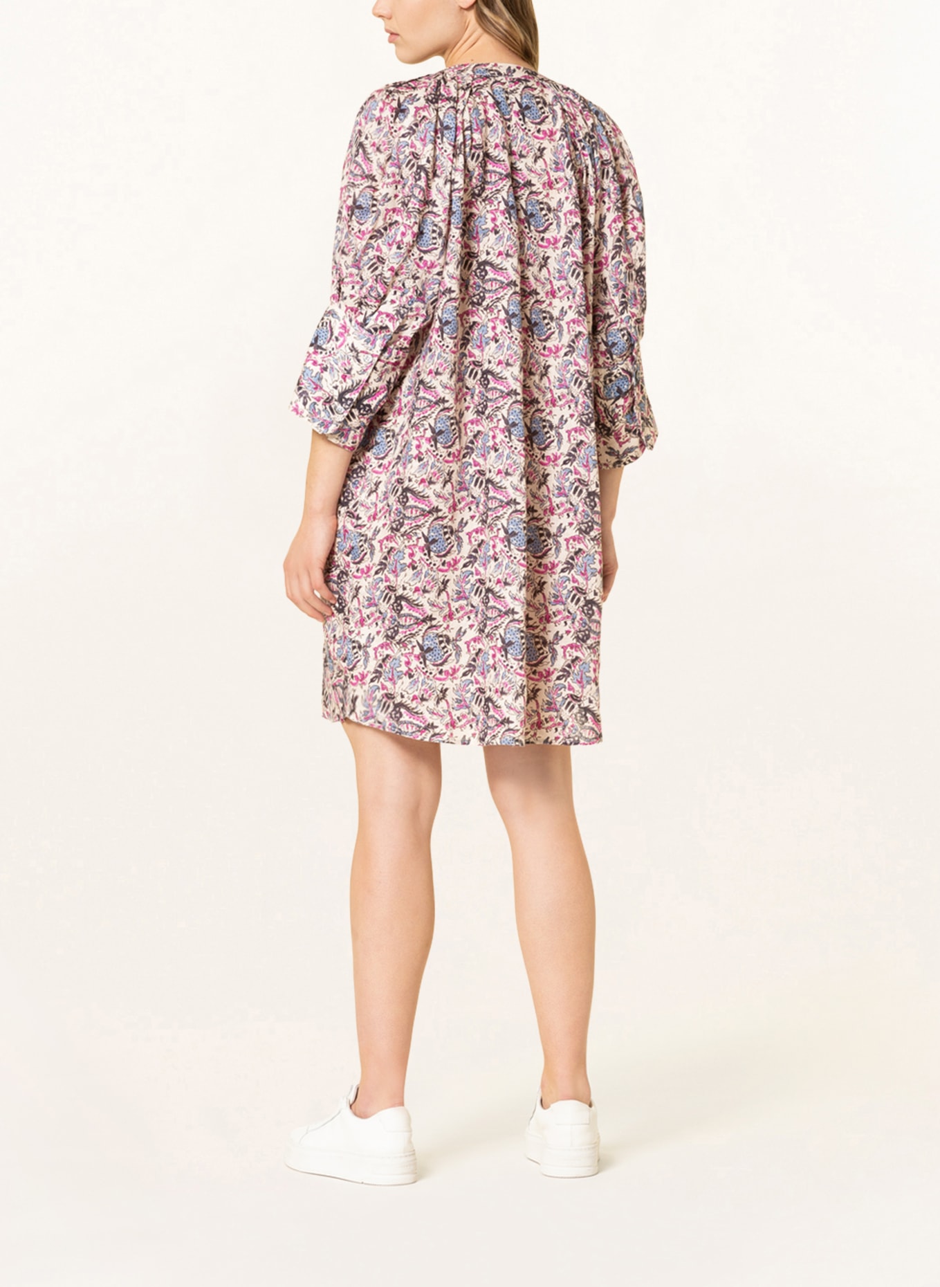 REPEAT Linen dress with 3/4 sleeves, Color: CREAM/ PINK/ DARK BLUE (Image 3)