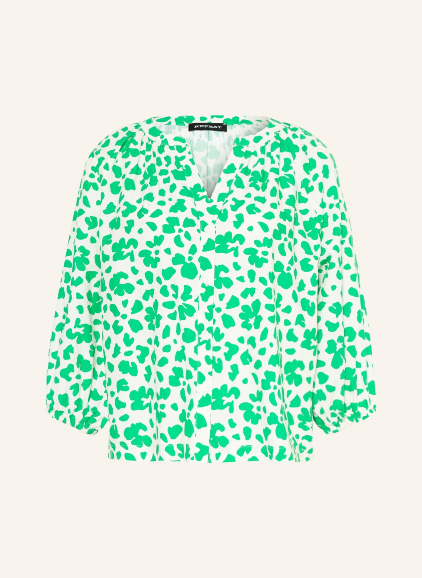 REPEAT Blouse with 3/4 sleeves, Color: ECRU/ GREEN (Image 1)
