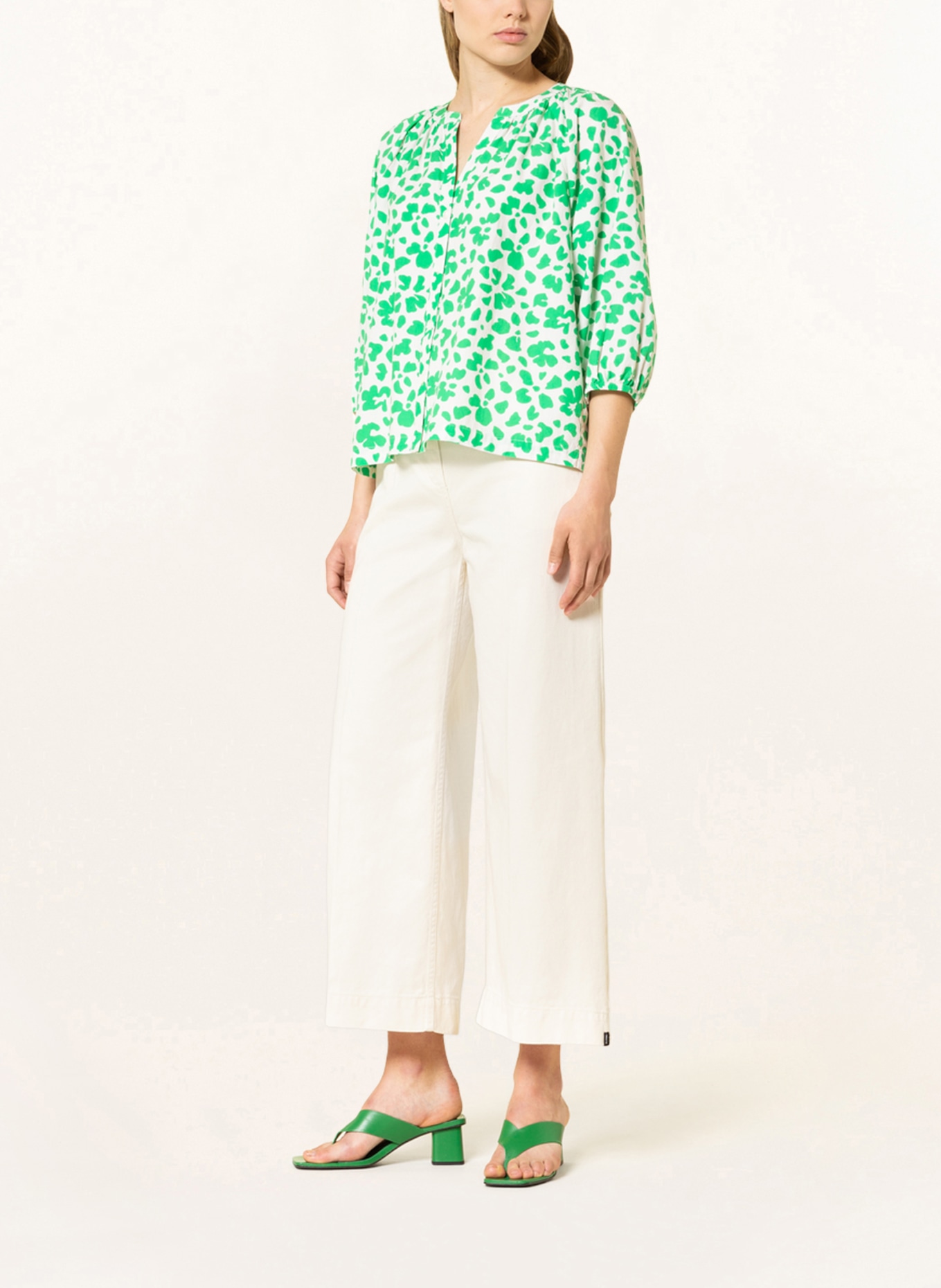 REPEAT Blouse with 3/4 sleeves, Color: ECRU/ GREEN (Image 2)