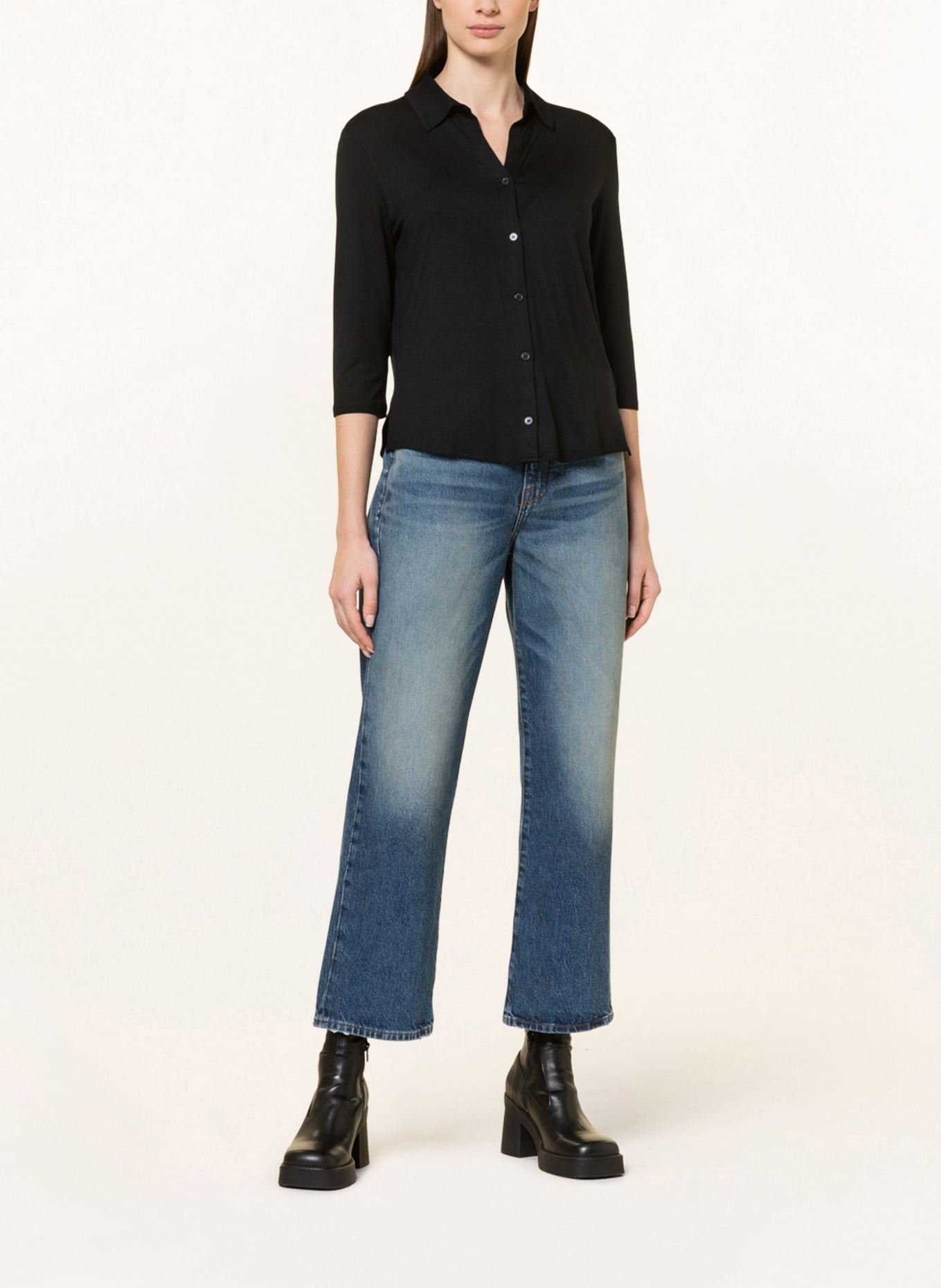 MAJESTIC FILATURES Cropped shirt blouse with 3/4 sleeves: BLACK