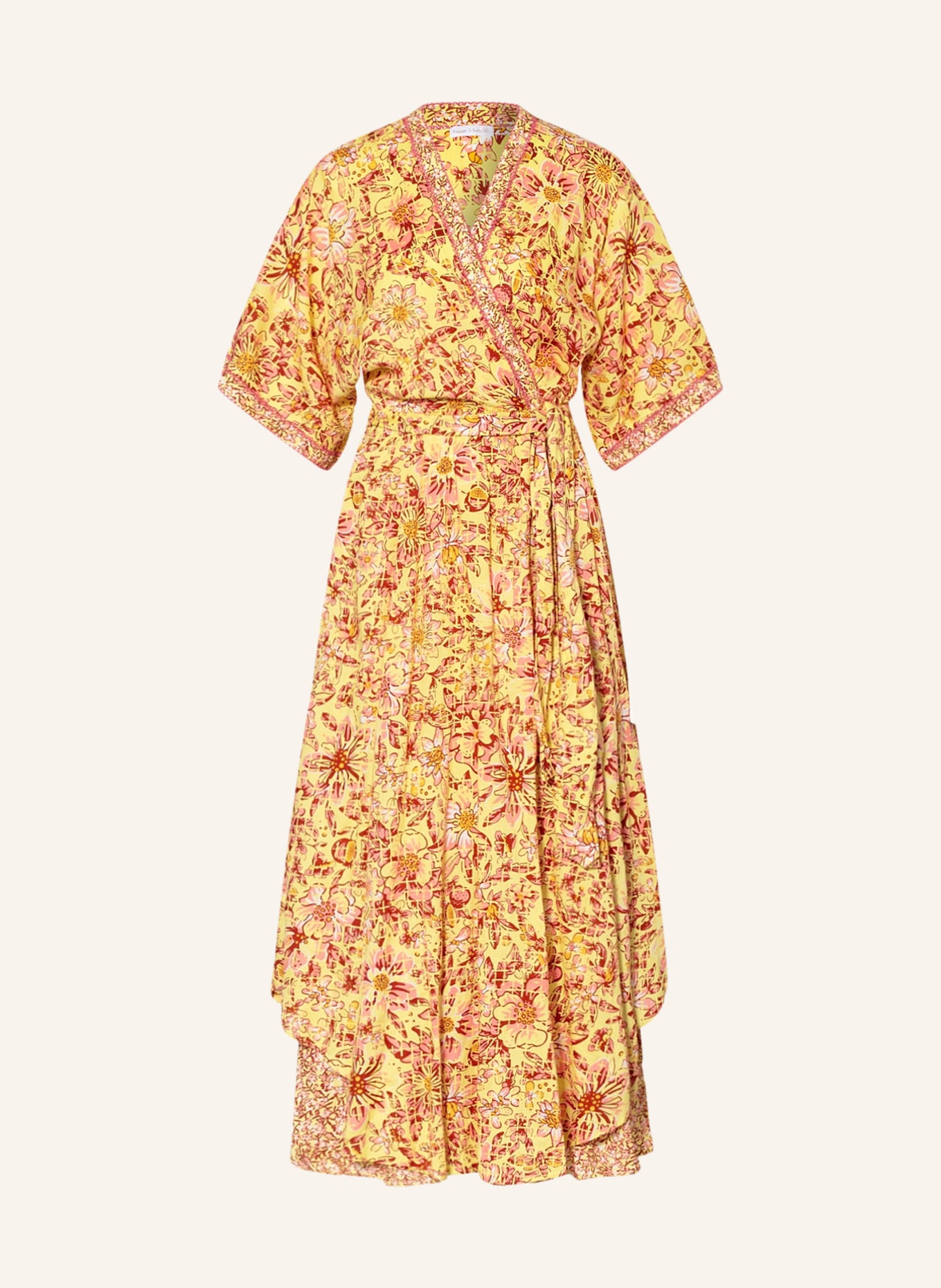 Poupette St Barth Beach dress ADHA in wrap look with 3/4 sleeves, Color: YELLOW/ DARK RED/ LIGHT RED (Image 1)
