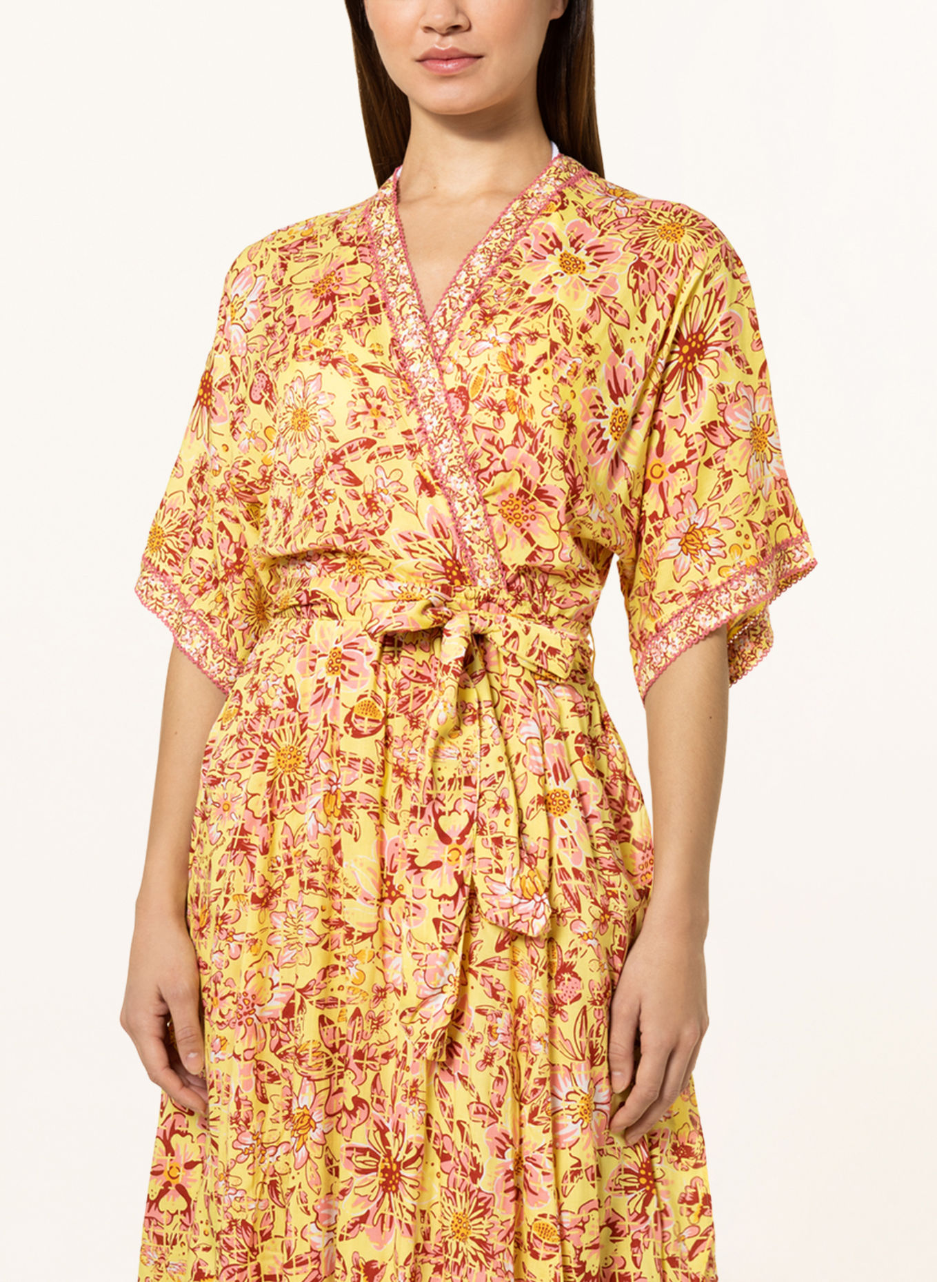 Poupette St Barth Beach dress ADHA in wrap look with 3/4 sleeves, Color: YELLOW/ DARK RED/ LIGHT RED (Image 4)