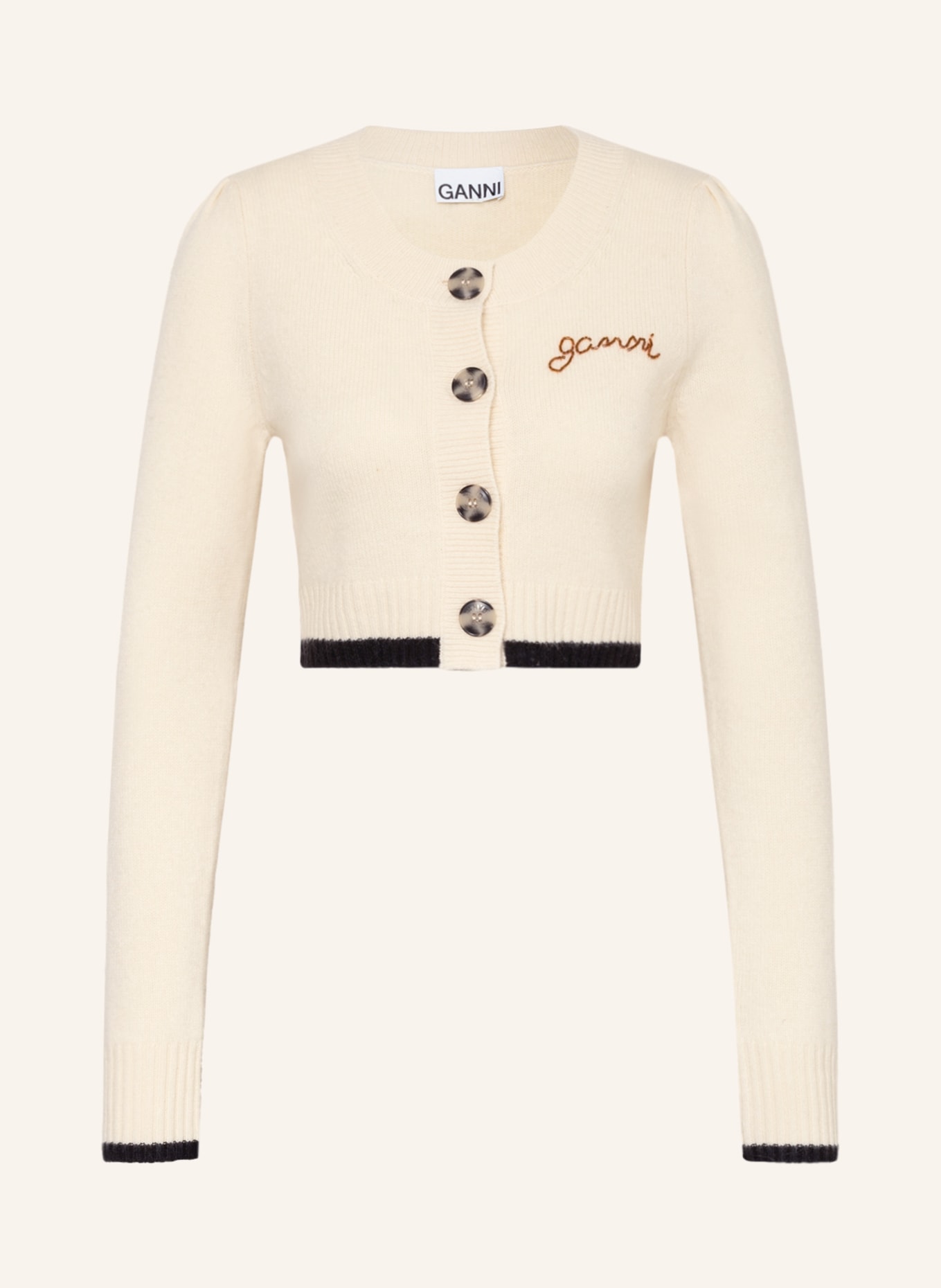 GANNI Cropped cardigan with cashmere and beads, Color: ECRU/ BLACK (Image 1)