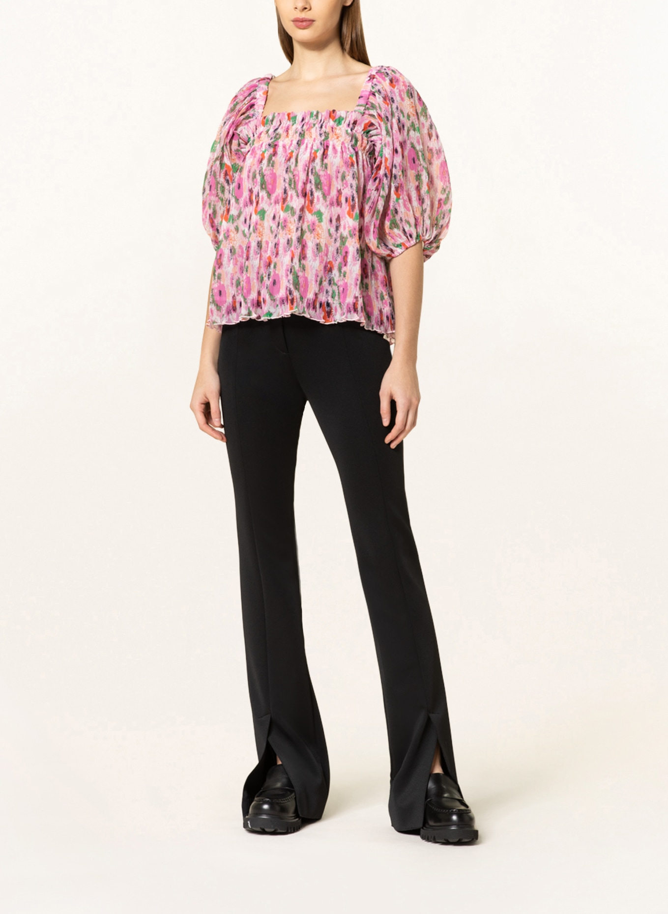 GANNI Shirt blouse made of pleated fabric, Color: PINK/ GREEN (Image 2)