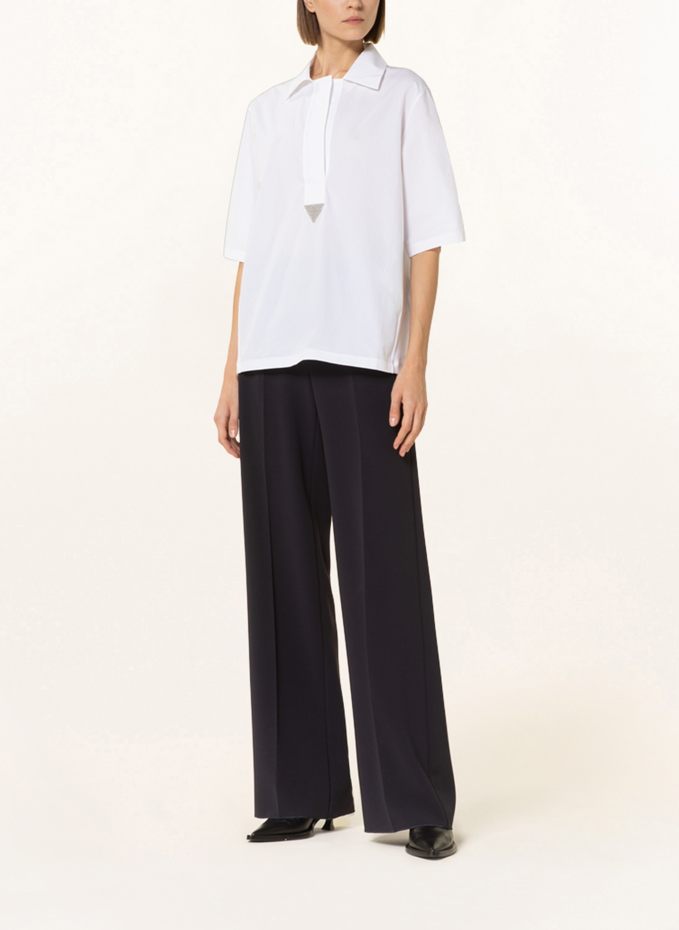 FABIANA FILIPPI Shirt blouse in mixed materials with decorative gems, Color: WHITE (Image 2)
