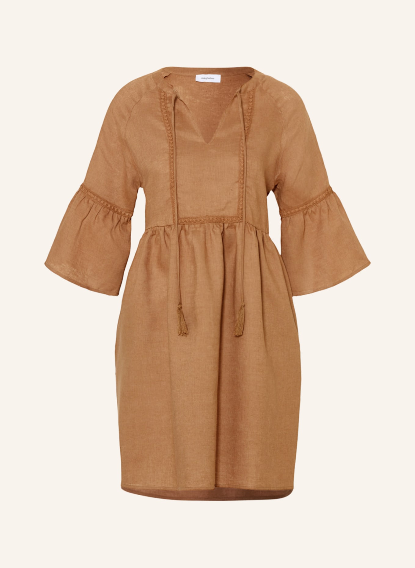darling harbour Linen dress with 3/4 sleeve, Color: LIGHT BROWN (Image 1)