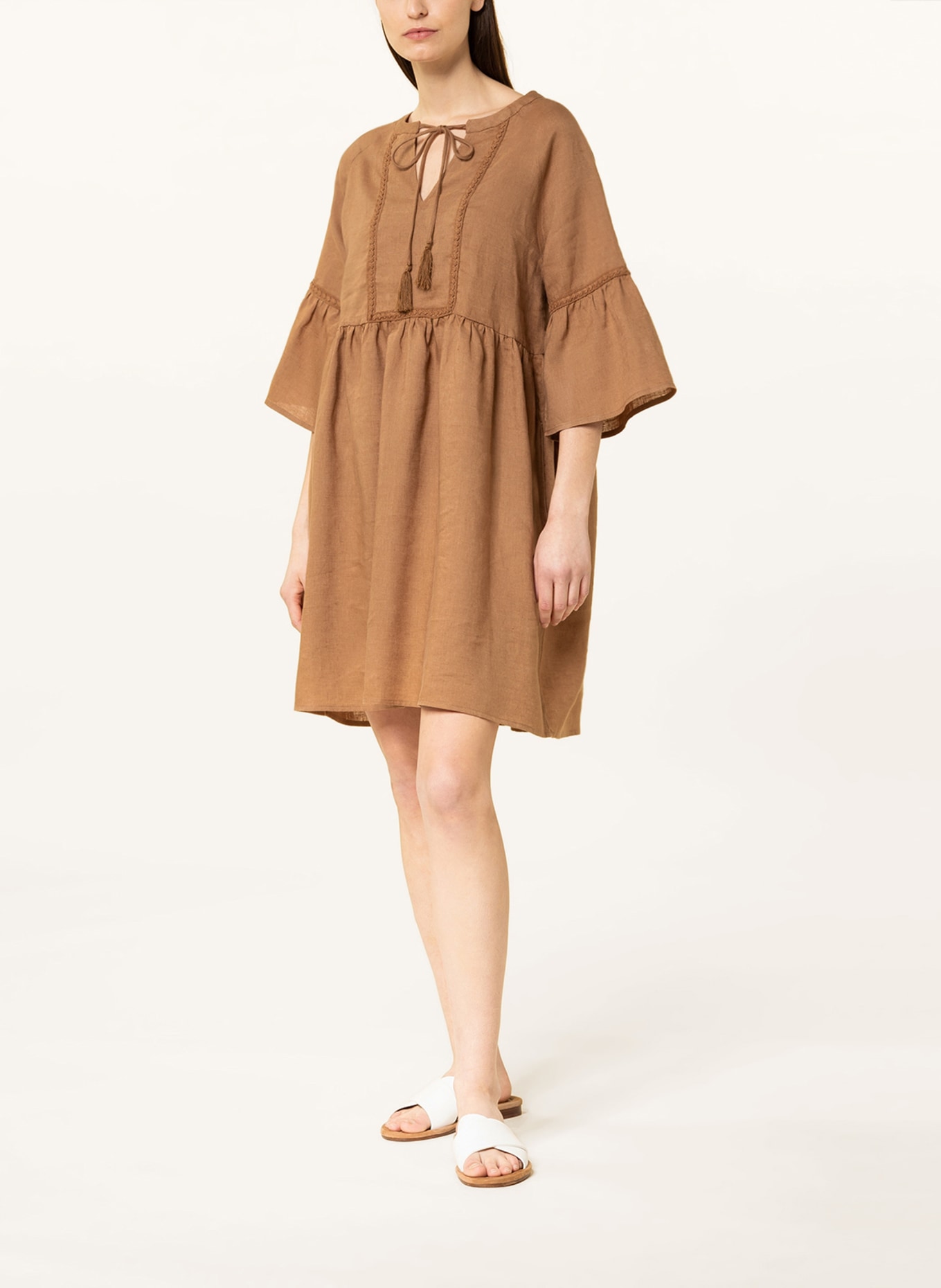 darling harbour Linen dress with 3/4 sleeve, Color: LIGHT BROWN (Image 2)