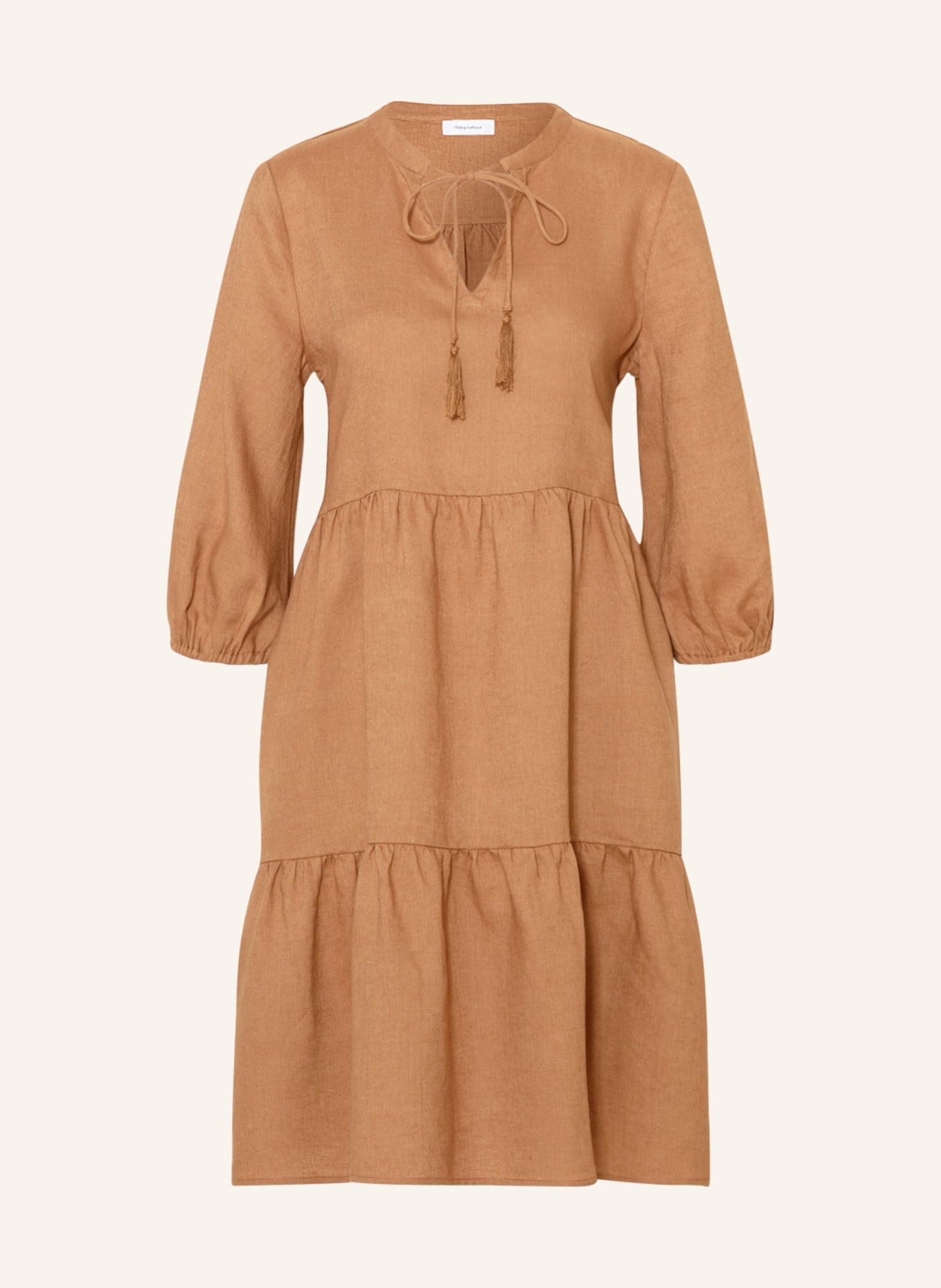 darling harbour Linen dress with 3/4 sleeves, Color: LIGHT BROWN (Image 1)