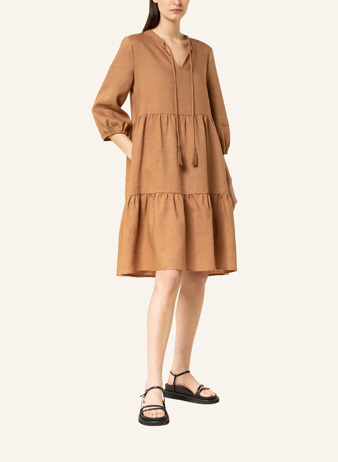 darling harbour Linen dress with 3/4 sleeves, Color: LIGHT BROWN (Image 2)