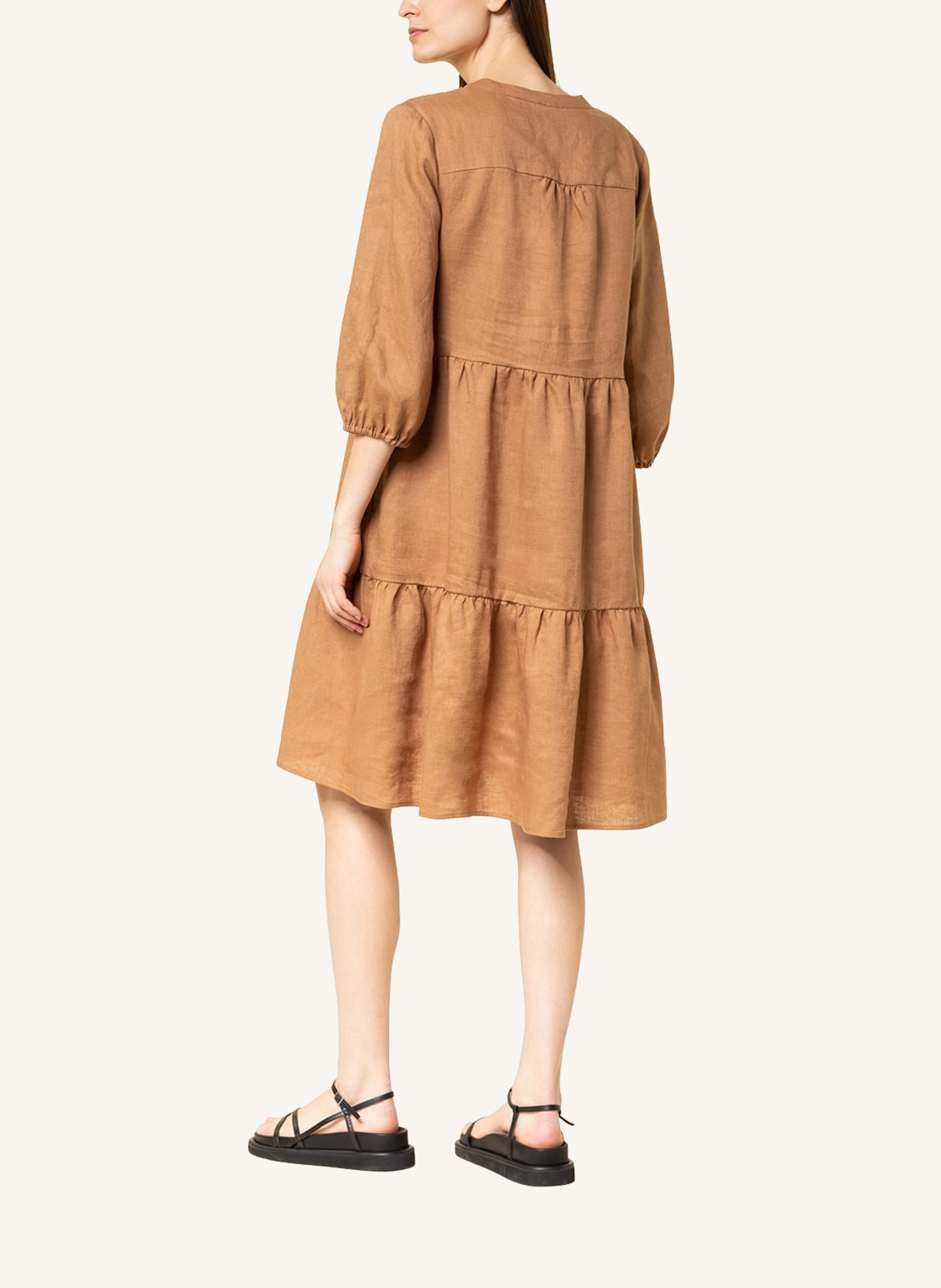 darling harbour Linen dress with 3/4 sleeves, Color: LIGHT BROWN (Image 3)