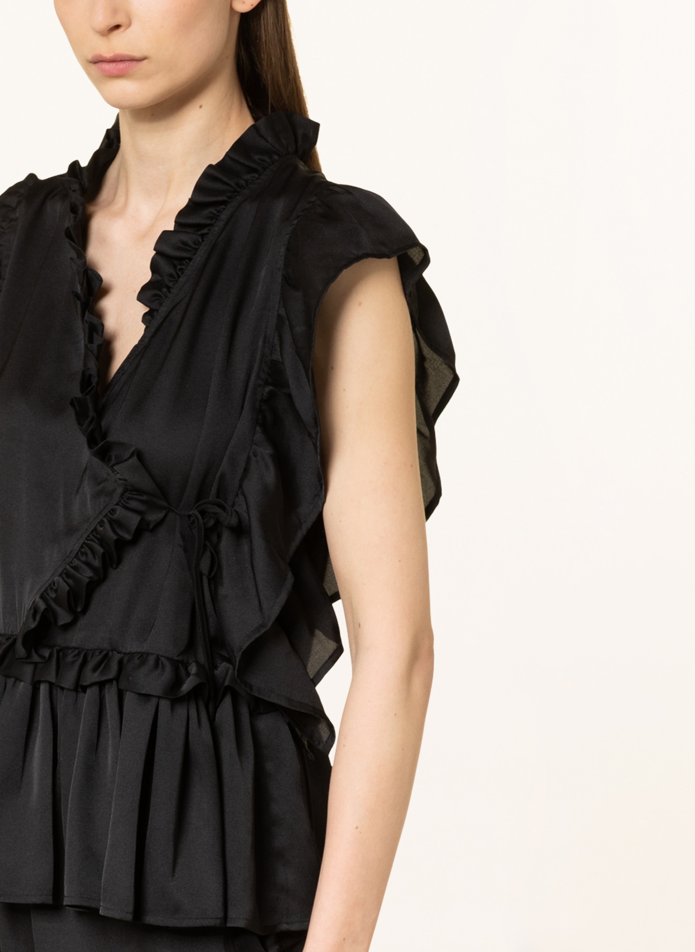 MUNTHE Blouse top VOX in wrap look with ruffles, Color: BLACK (Image 4)