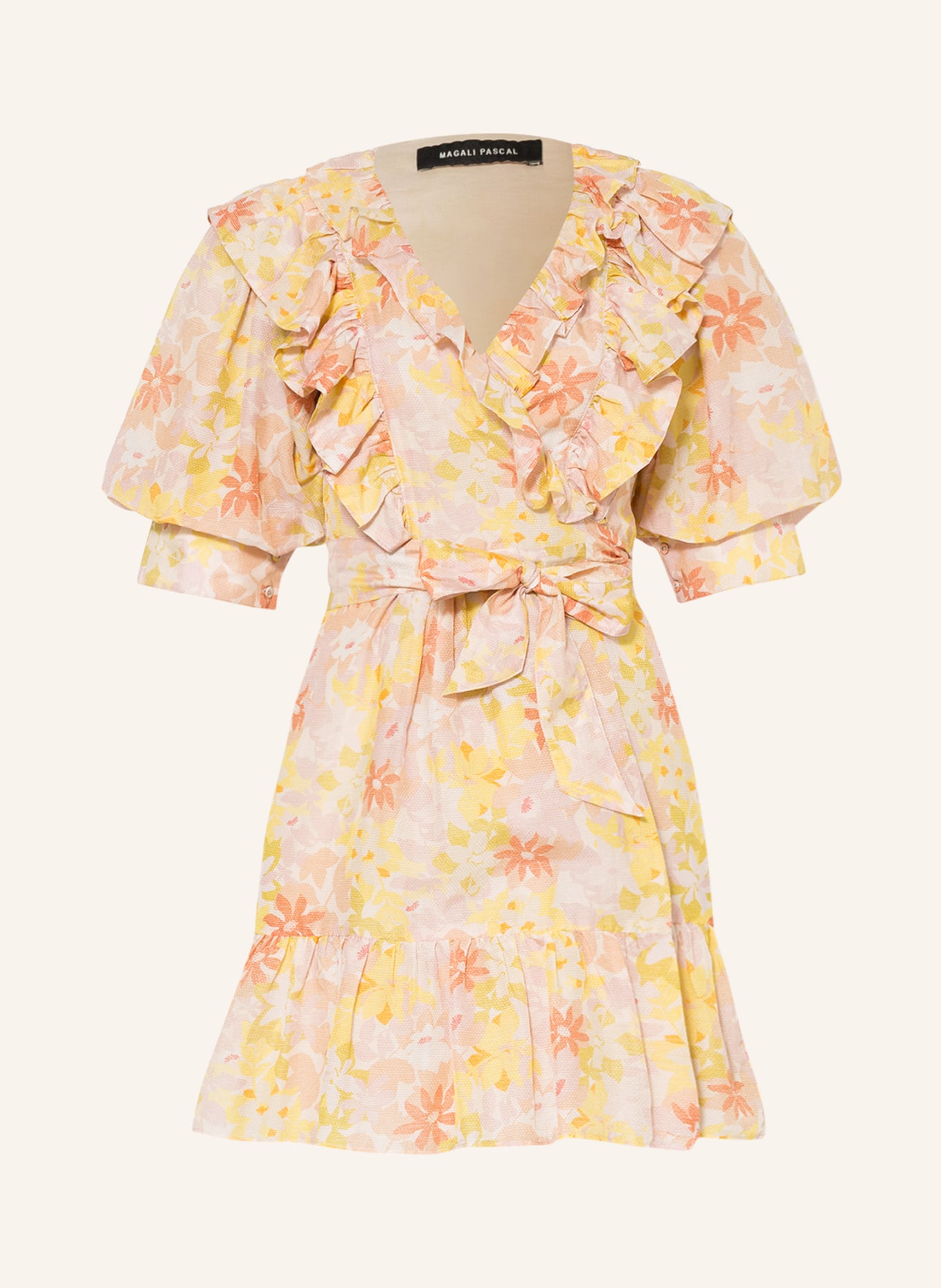 Magali Pascal Sukienka z jedwabiu w stylu kopertowym MAGGIE z falbankami, Kolor: JASNOPOMARAŃCZOWY/ CIEMNOŻÓŁTY/ RÓŻOWY (Obrazek 1)
