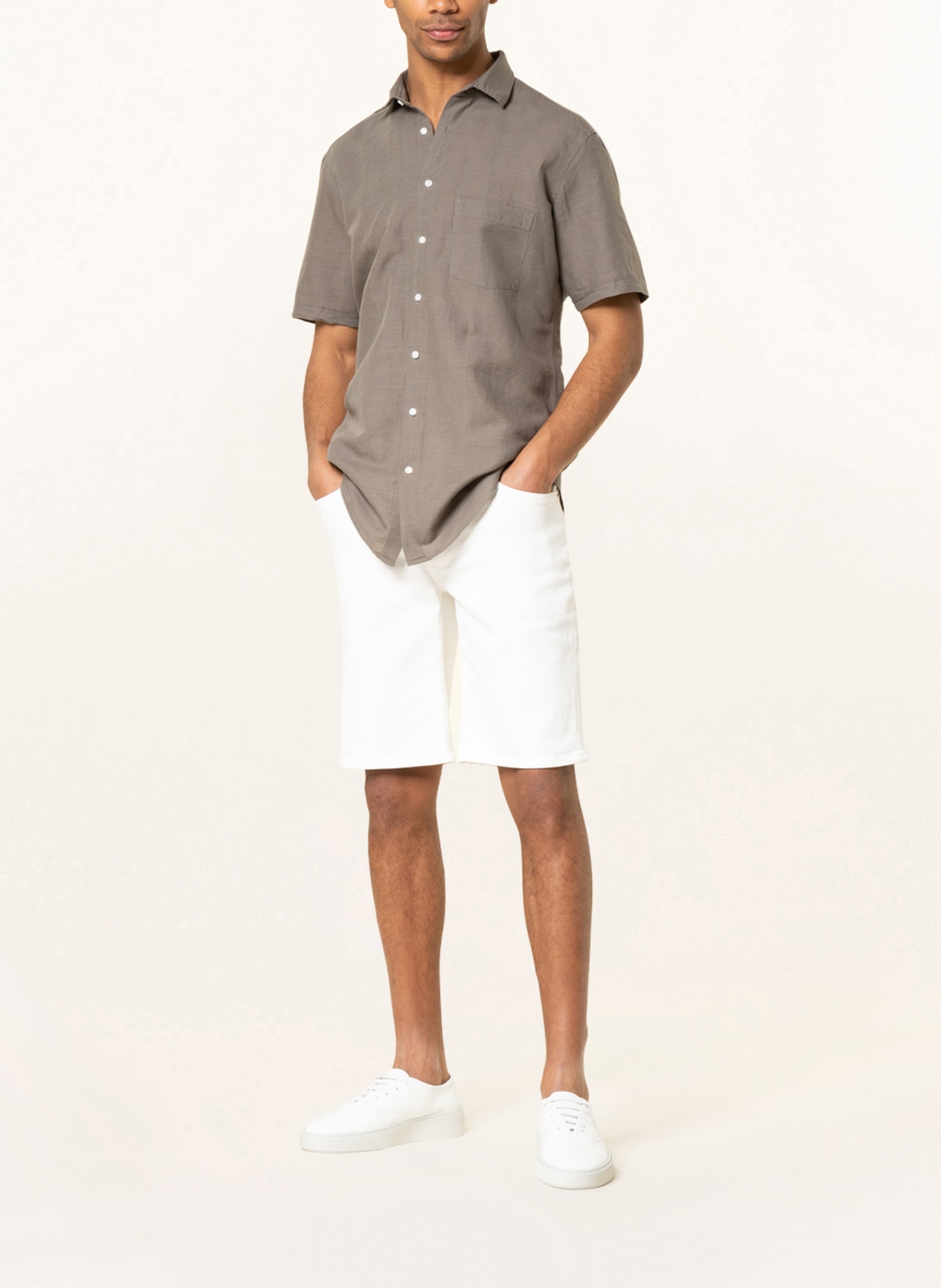 STROKESMAN'S Koszula z krótkim rękawem modern fit z lnem, Kolor: OLIWKOWY (Obrazek 2)