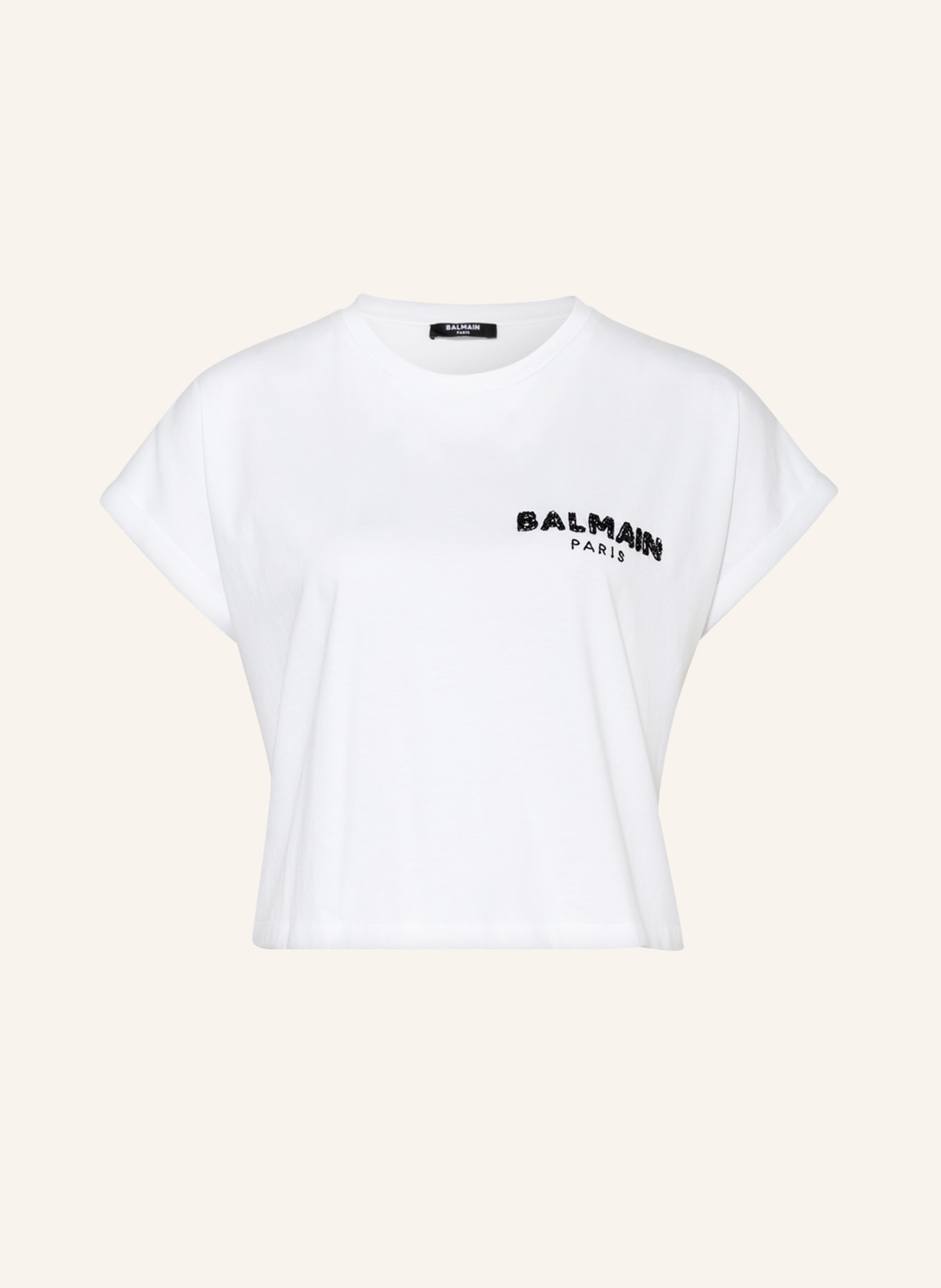 BALMAIN T-shirt z obszyciem ozdobnymi kamykami, Kolor: BIAŁY (Obrazek 1)