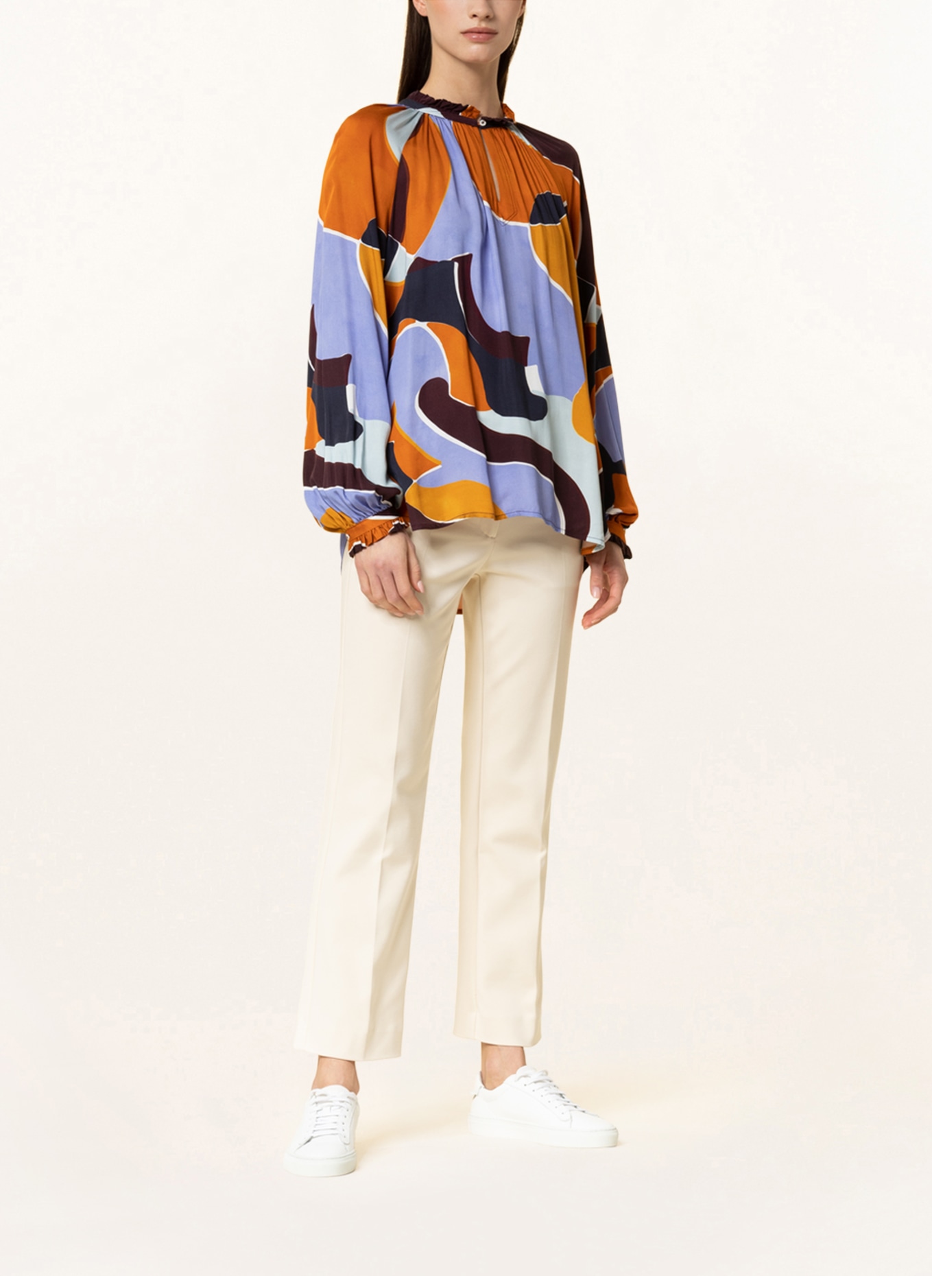 TONNO & PANNA Blouse-style shirt HERMINE with ruffles, Color: DARK BROWN/ LIGHT BLUE/ ORANGE (Image 2)
