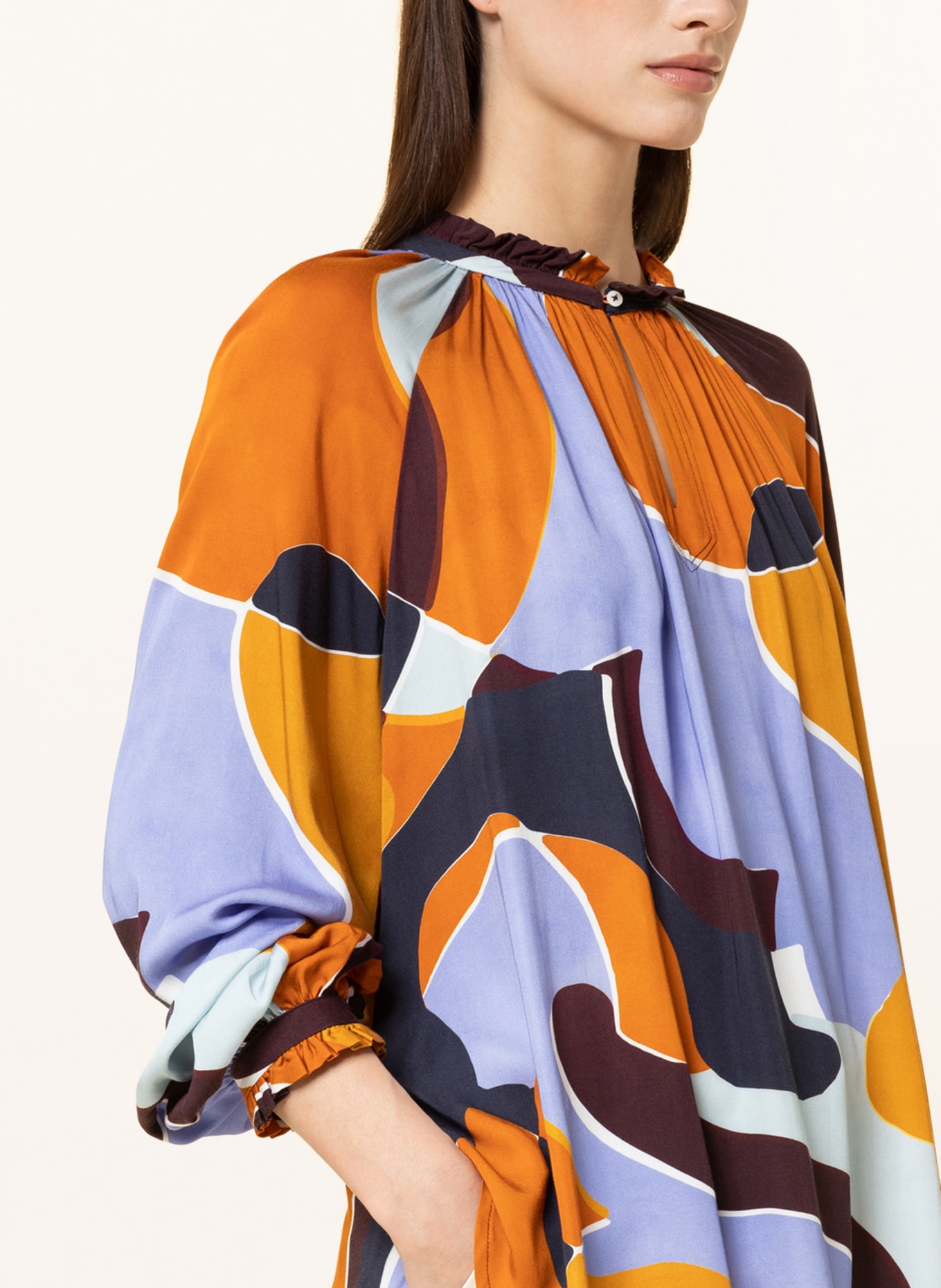 TONNO & PANNA Blouse-style shirt HERMINE with ruffles, Color: DARK BROWN/ LIGHT BLUE/ ORANGE (Image 4)