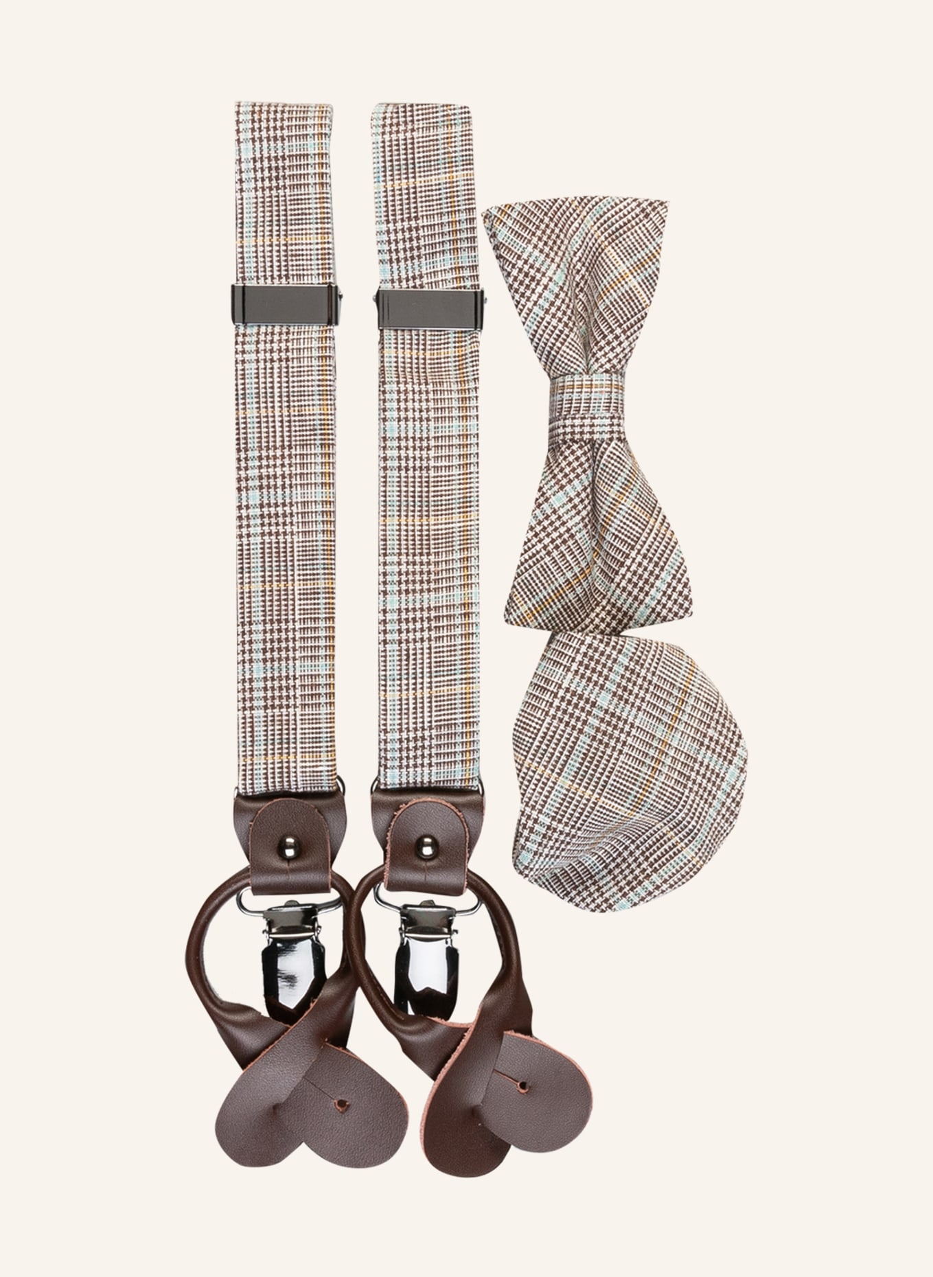and dark bow handkerchief white/ pocket brown/ SANDRO: mint Suspenders, tie Set in MONTI