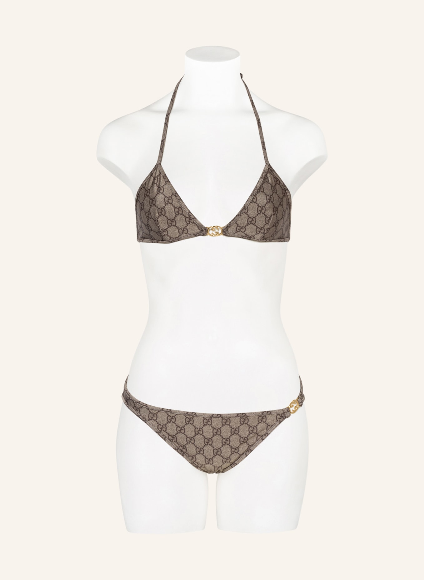 Beige GG-monogram shimmer triangle bikini, Gucci
