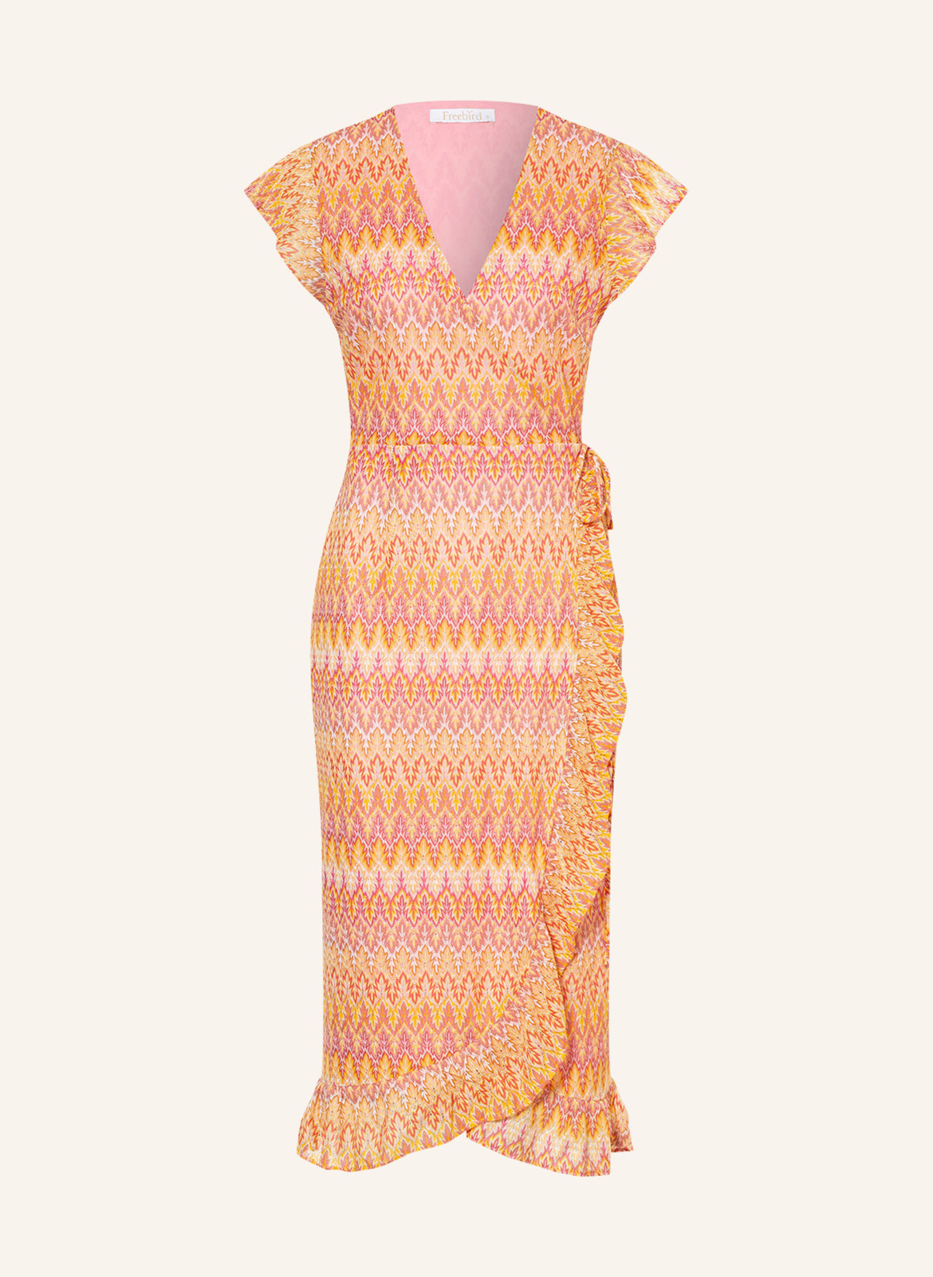 Freebird Sukienka w stylu kopertowym ROSY z wolantami, Kolor: BIAŁY/ POMARAŃCZOWY/ CIEMNOŻÓŁTY (Obrazek 1)