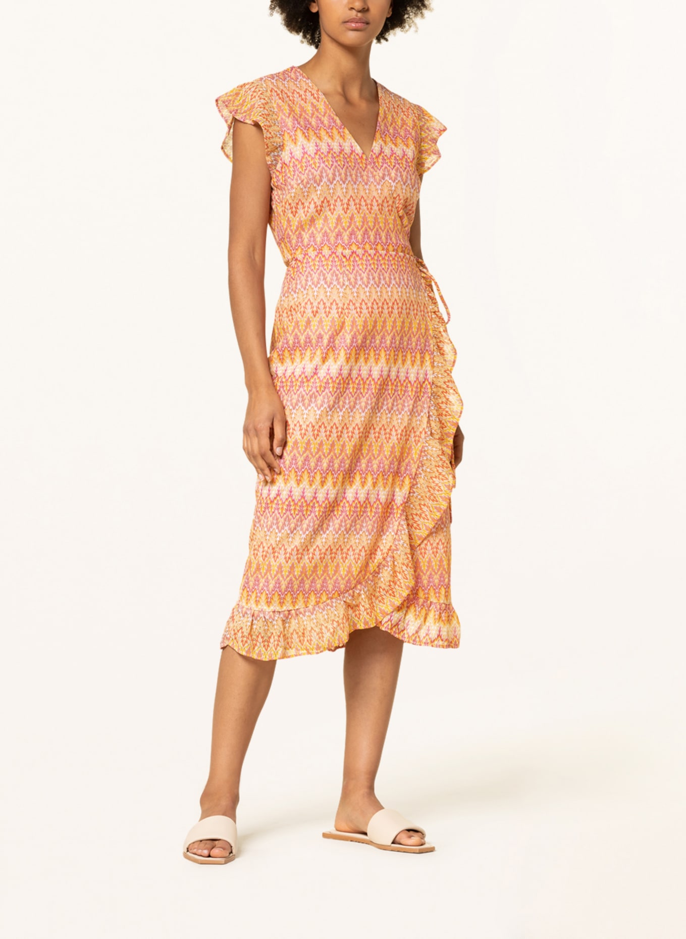 Freebird Wrap dress ROSY with frills, Color: WHITE/ ORANGE/ DARK YELLOW (Image 2)