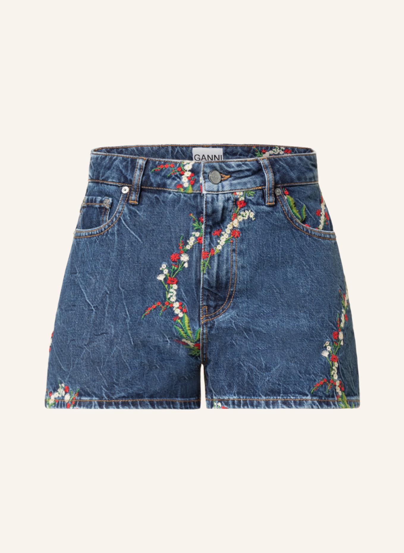 GANNI Denim shorts with embroidery, Color: 696 
DARK INDIGO (Image 1)