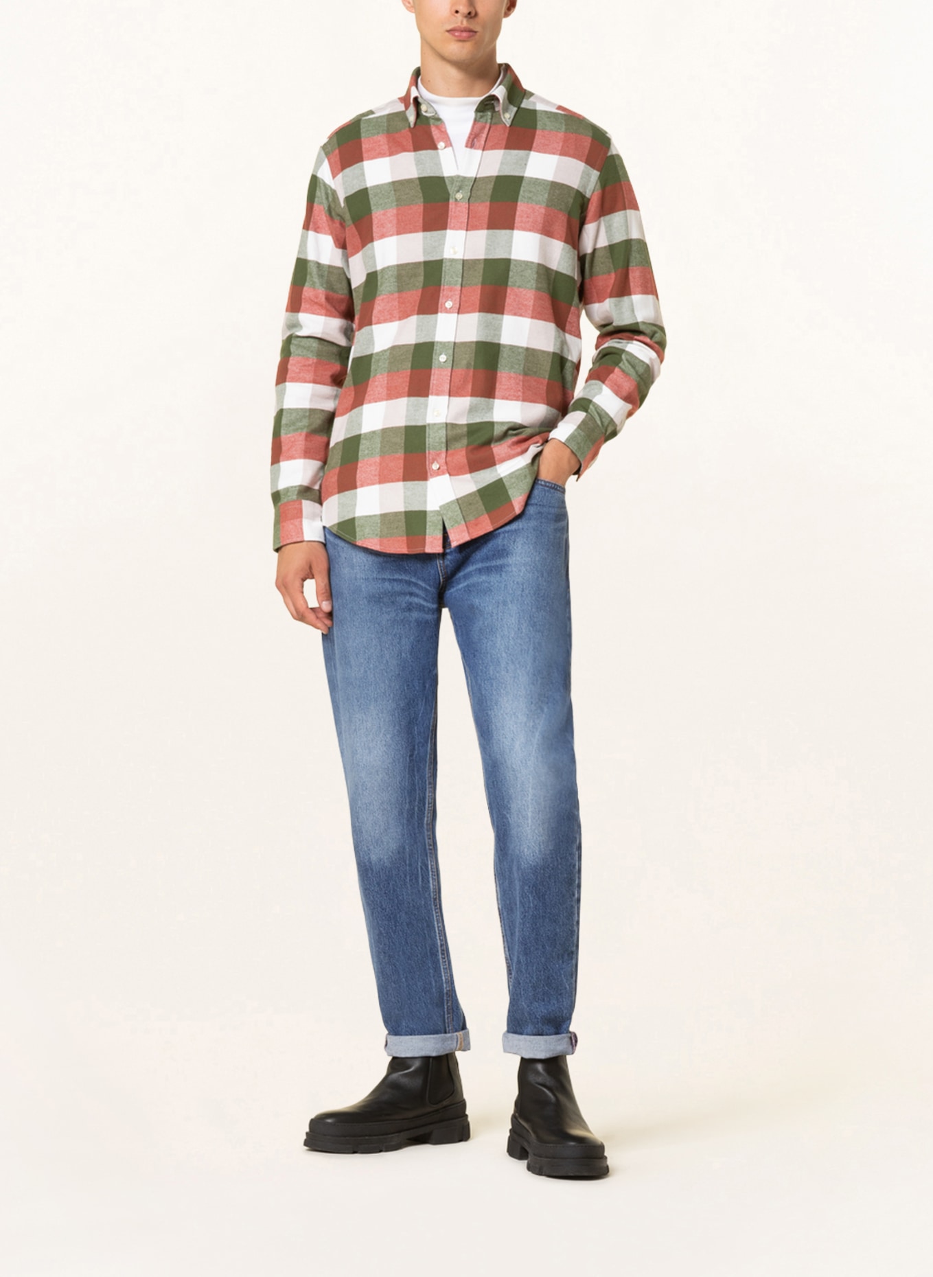 STROKESMAN'S Flannel shirt modern fit , Color: DARK ORANGE/ GREEN/ WHITE (Image 2)