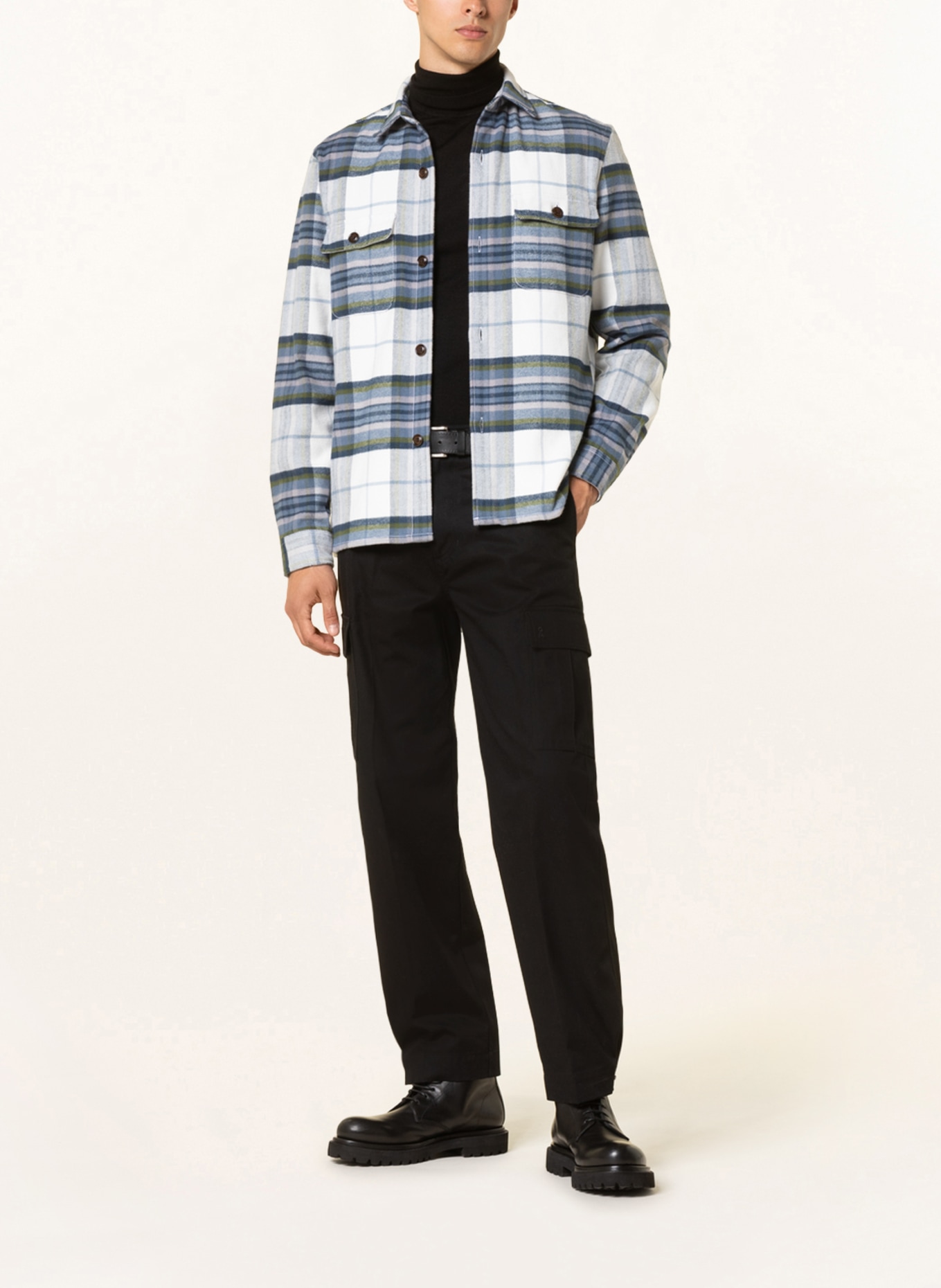STROKESMAN'S Flannel overshirt, Color: WHITE/ BLUE/ OLIVE (Image 2)